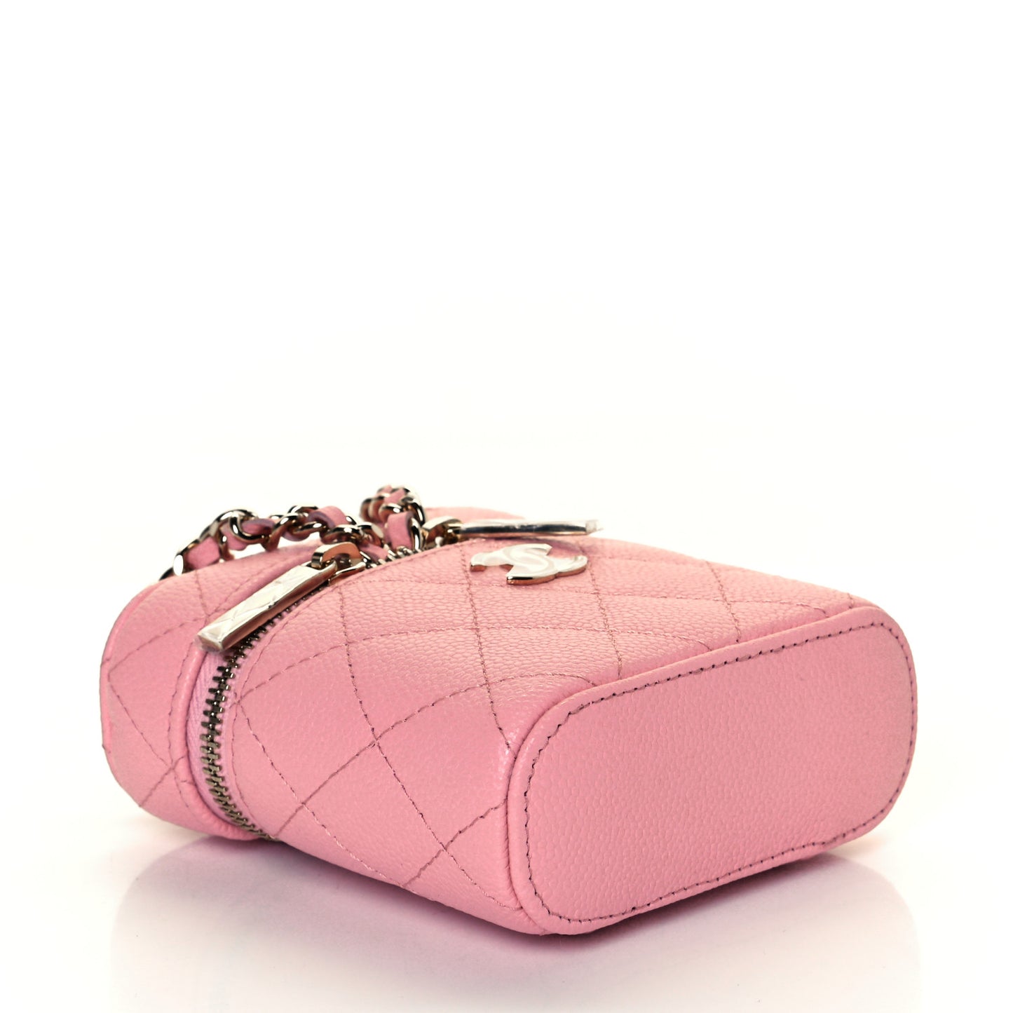 Caviar Quilted Small Handle With Care Vanity Case With Chain Pink