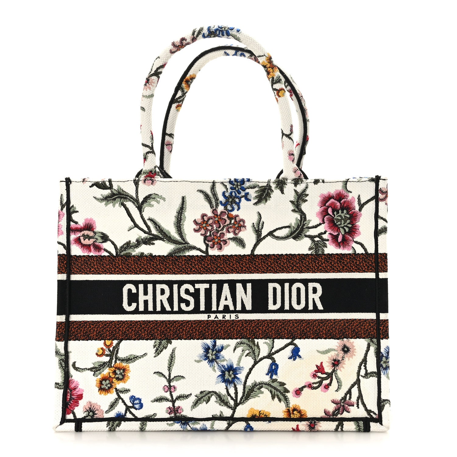 Christian Dior Raffia Embroidered Petites Fleurs Medium Book Tote White Multicolor 1 of 9