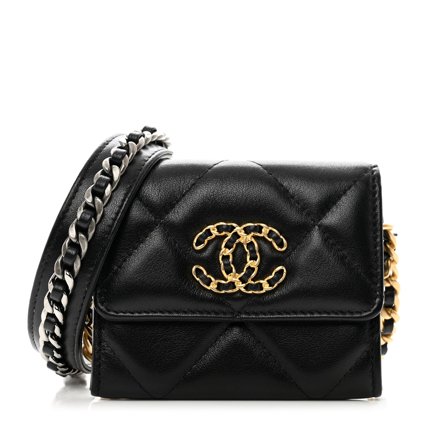 Shiny Goatskin Quilted Chanel 19 Flap Coin Purse With Chain Black