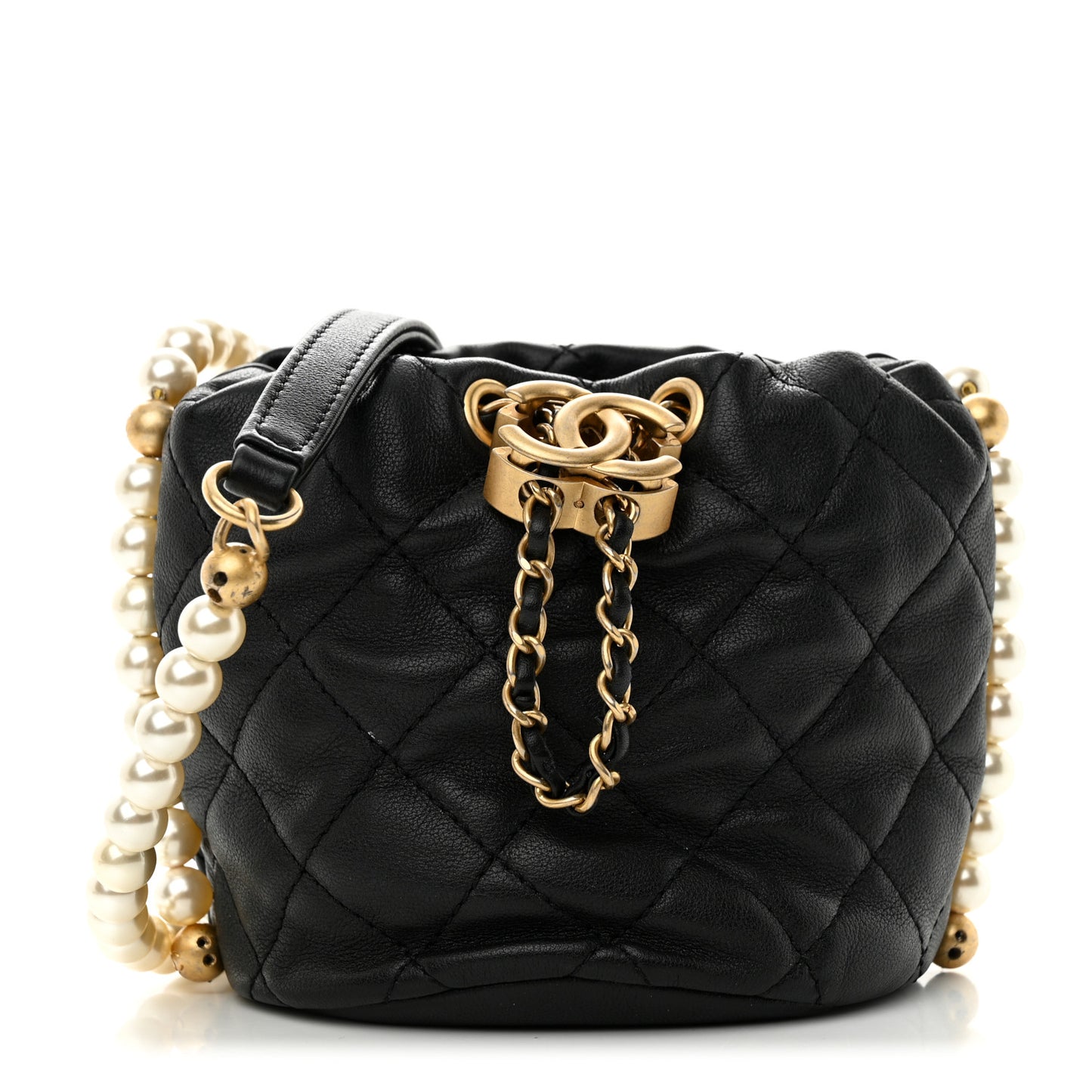 Calfskin Quilted Pearl Mini About Pearls Drawstring Bucket Bag Black