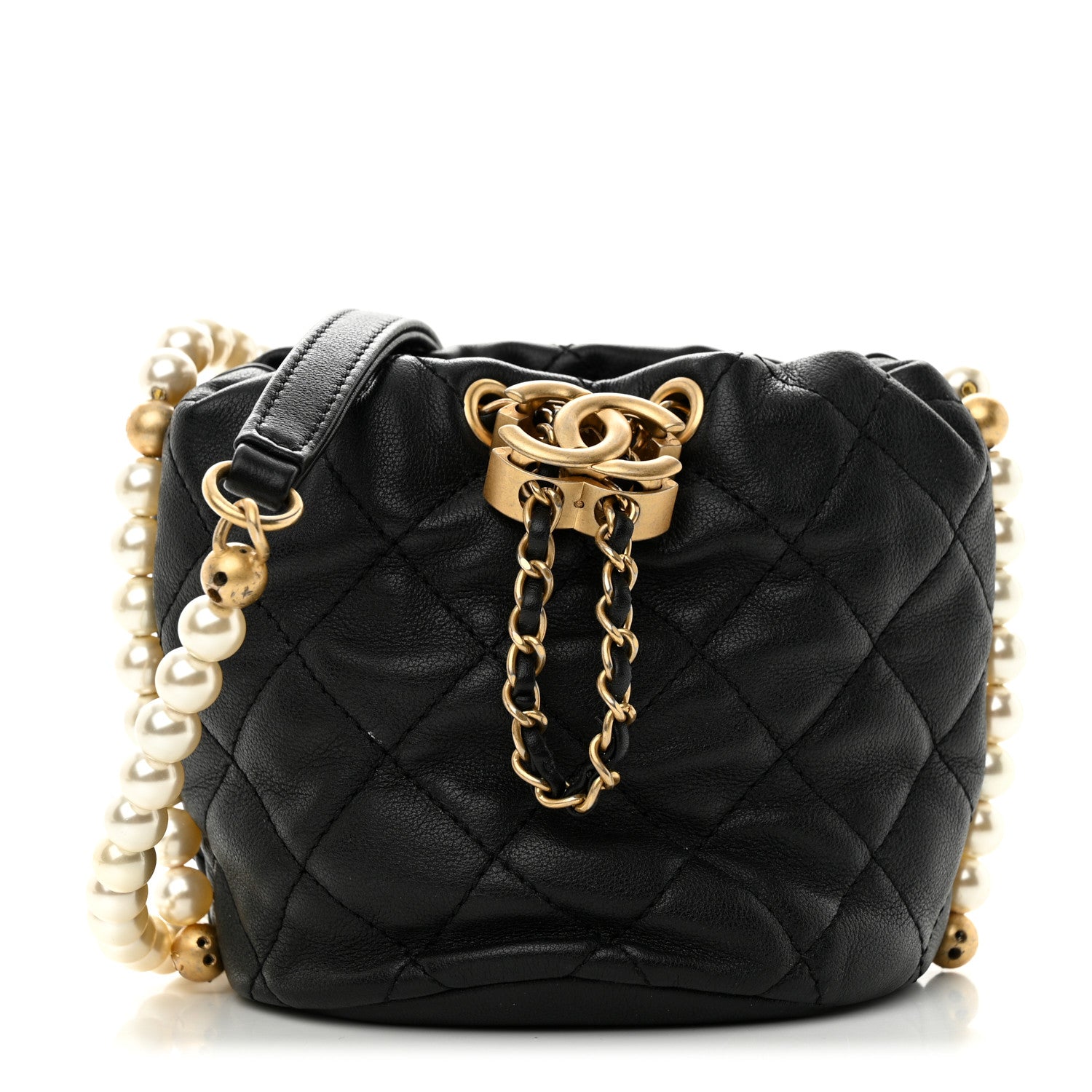 Chanel Calfskin Quilted Pearl Mini About Pearls Drawstring Bucket Bag Black 1 of 11
