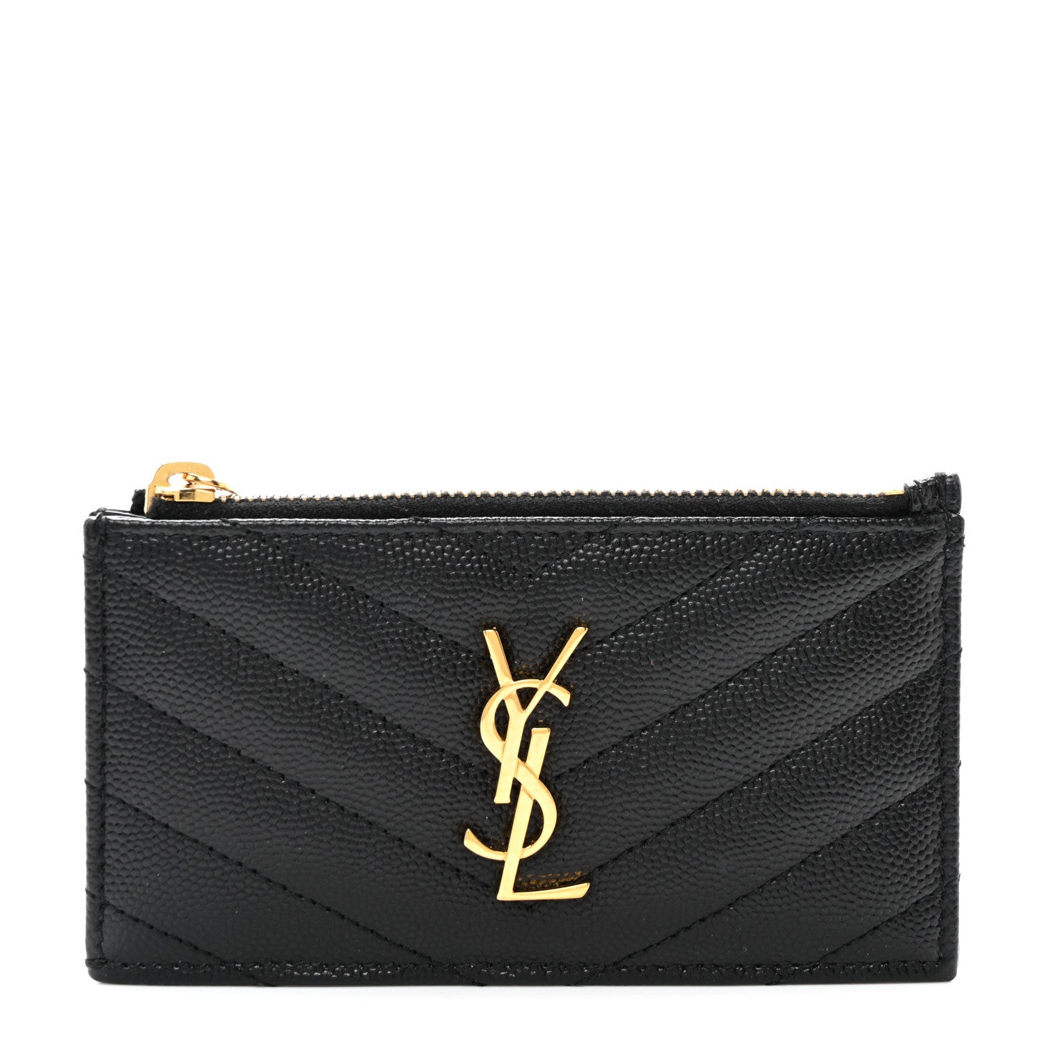 Saint Laurent Grain De Poudre Matelasse Chevron Monogram Fragments Zippered Card Case Black 1 of 7