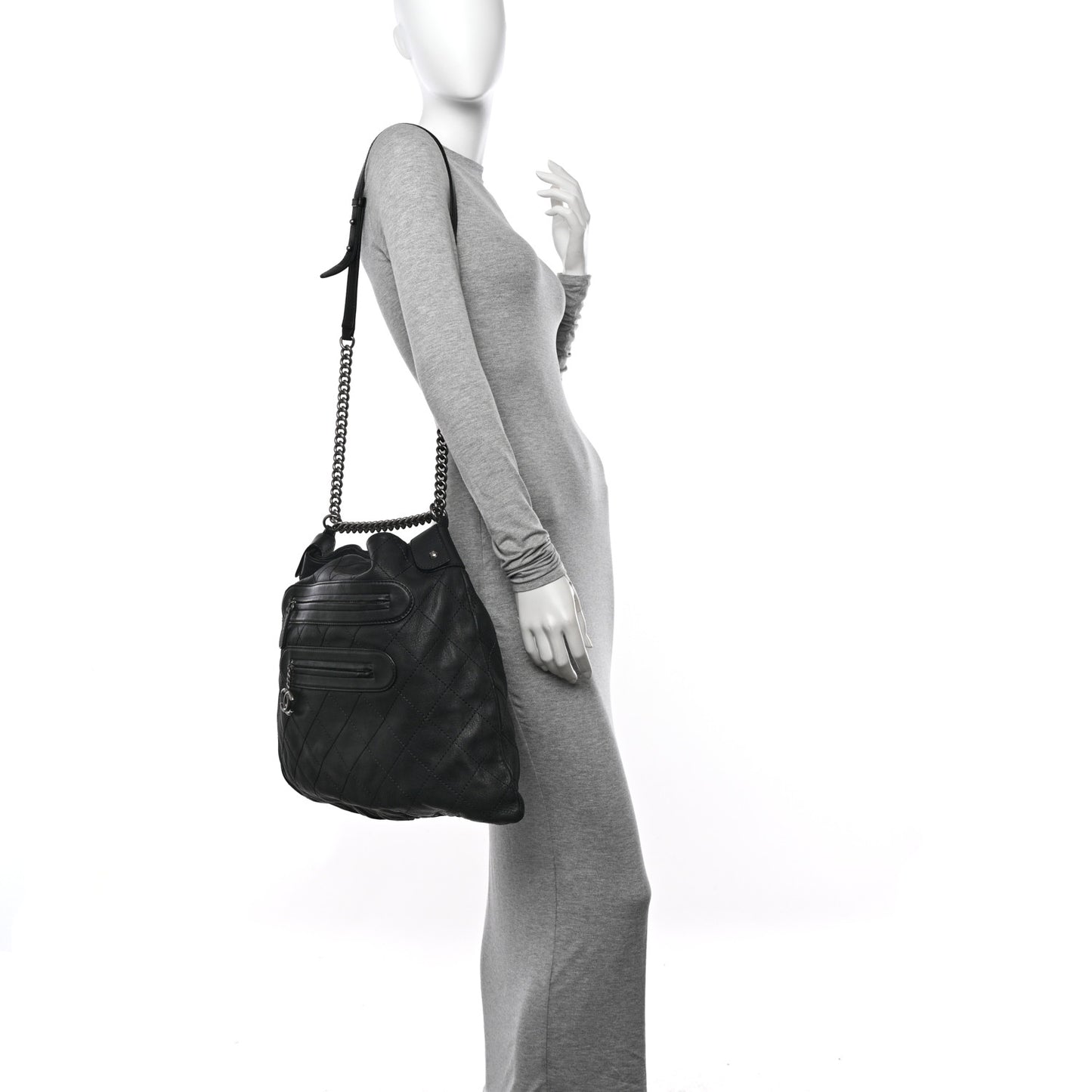 Calfskin Stitched Double Zip Hobo Black