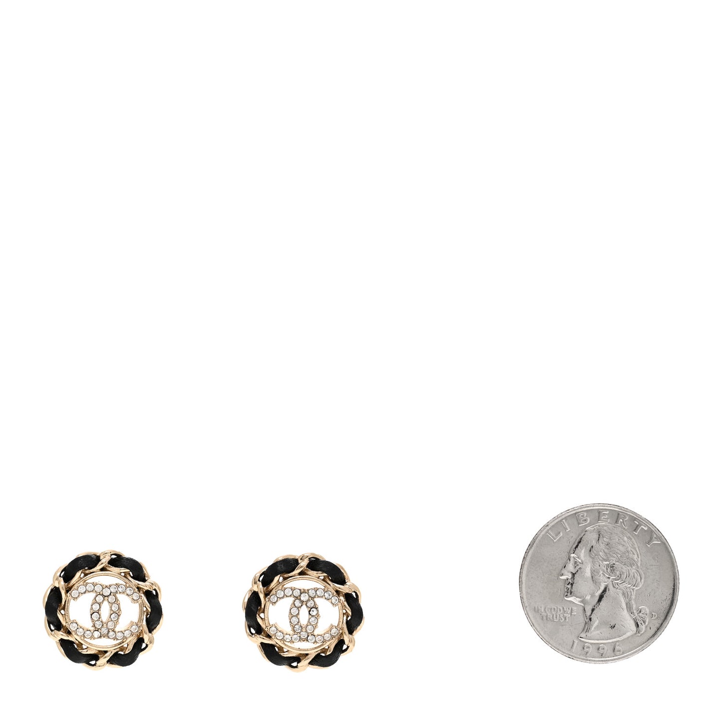 Crystal Lambskin Chain CC Stud Earrings Black Gold