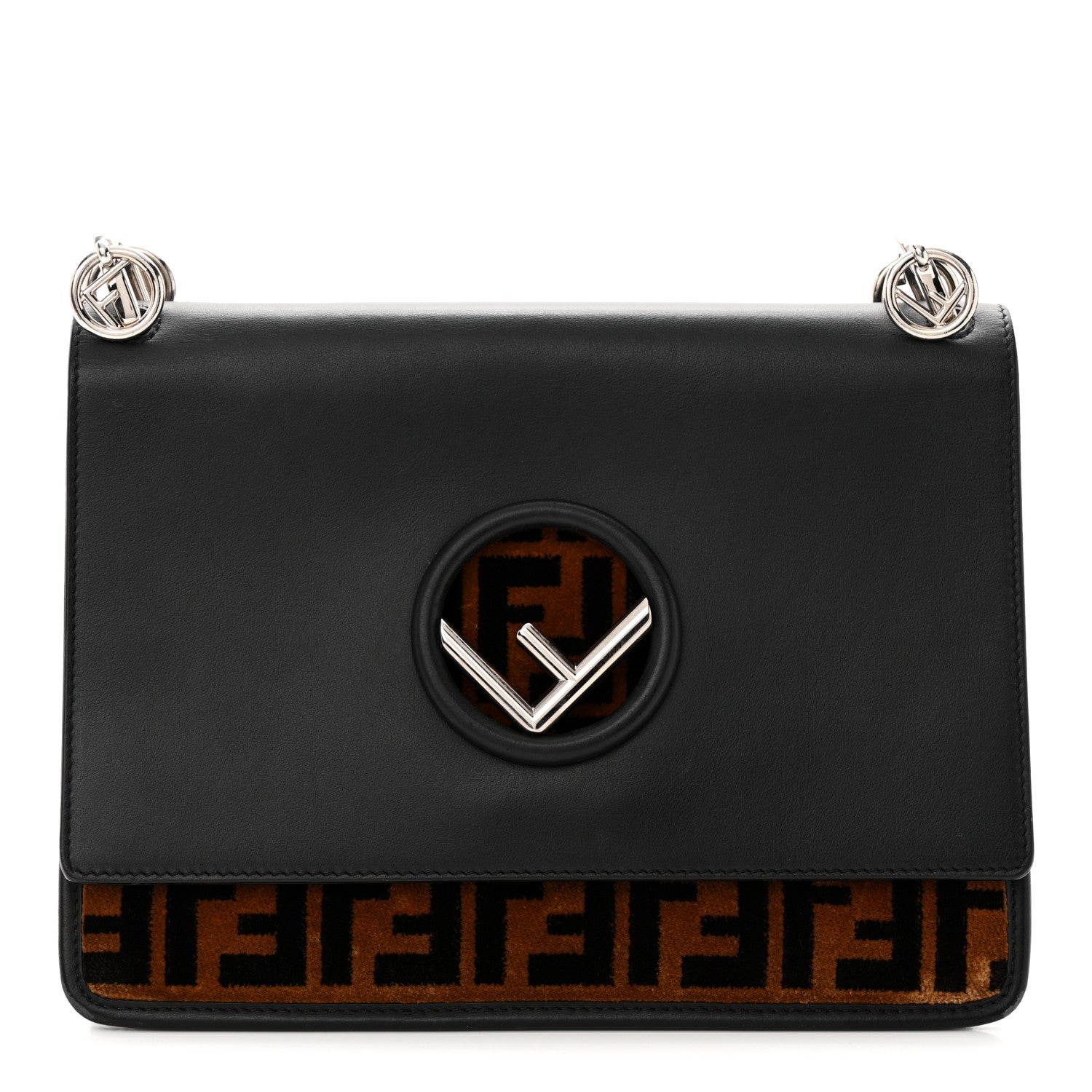 Fendi Vitello Century Velvet F is Fendi FF Kan I Shoulder Bag Black Tobacco 1 of 11