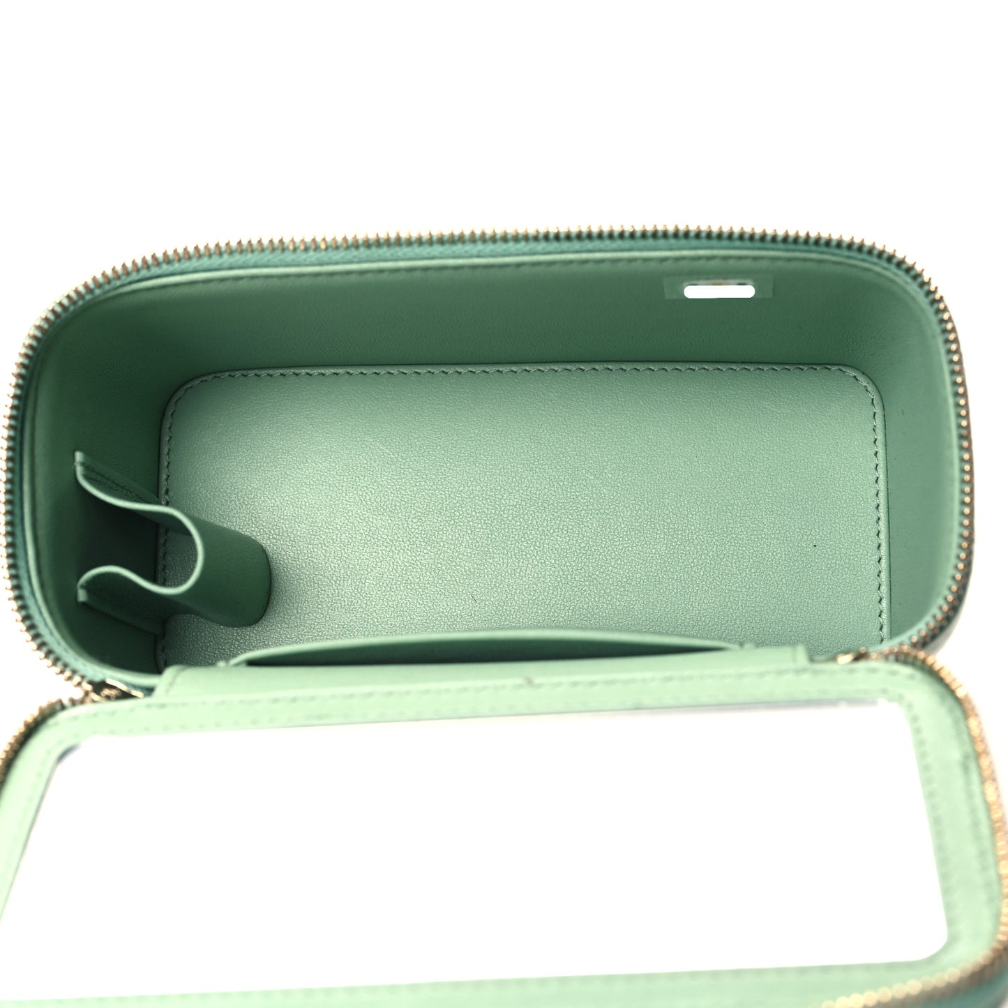 Shiny Calfskin Quilted Small Top Handle Vanity Case With Chain Light Green