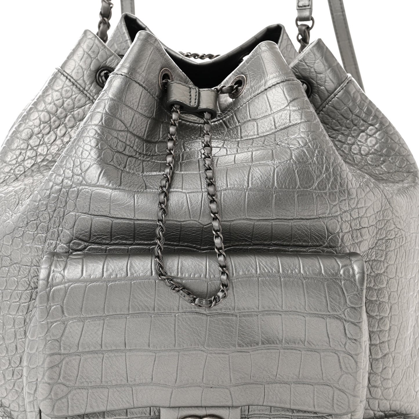Metallic Calfskin Crocodile Embossed Large Backpack Silver