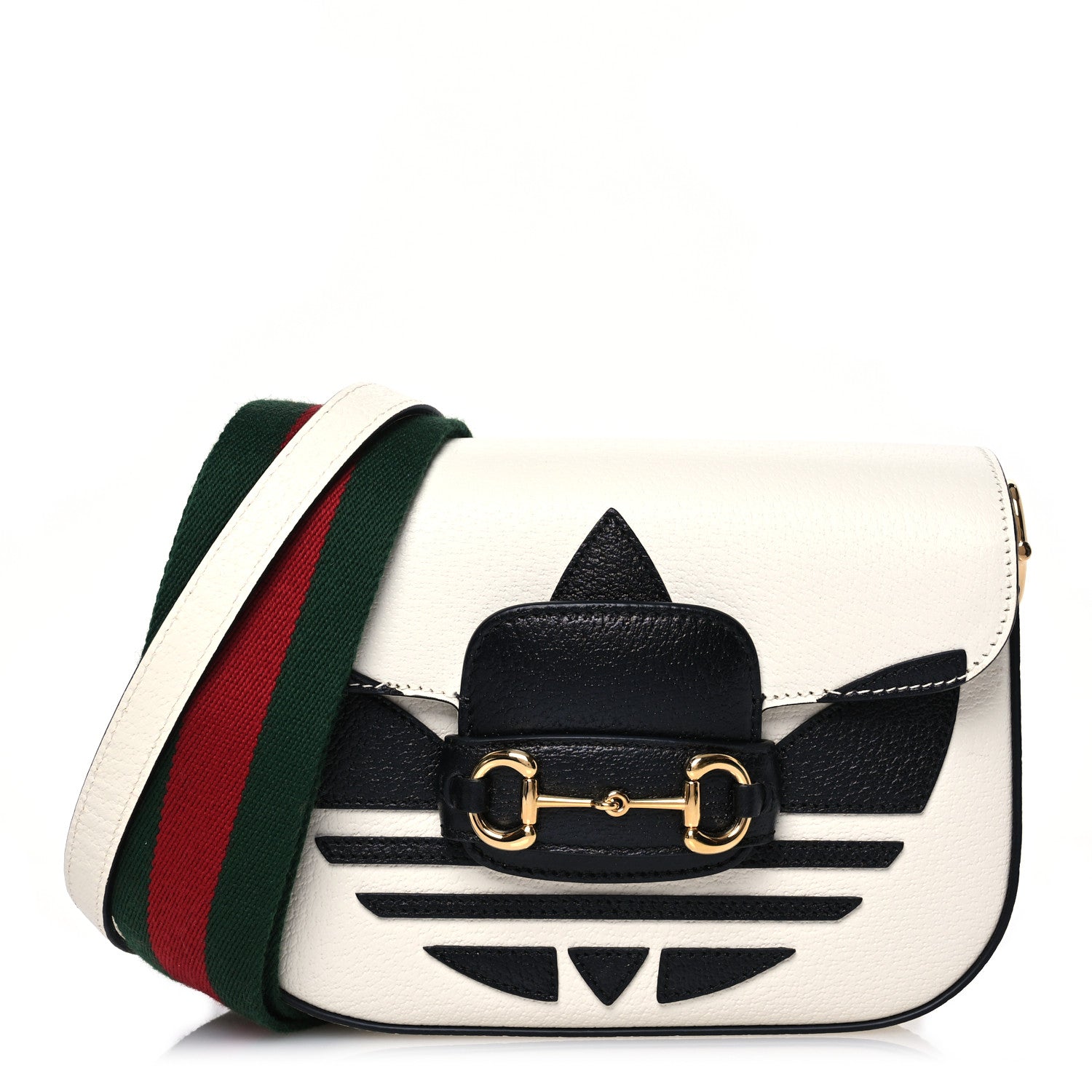 Gucci X ADIDAS Textured Dollar Calfskin Web Trefoil Mini Horsebit 1955 Shoulder Bag Off White Black 1 of 10