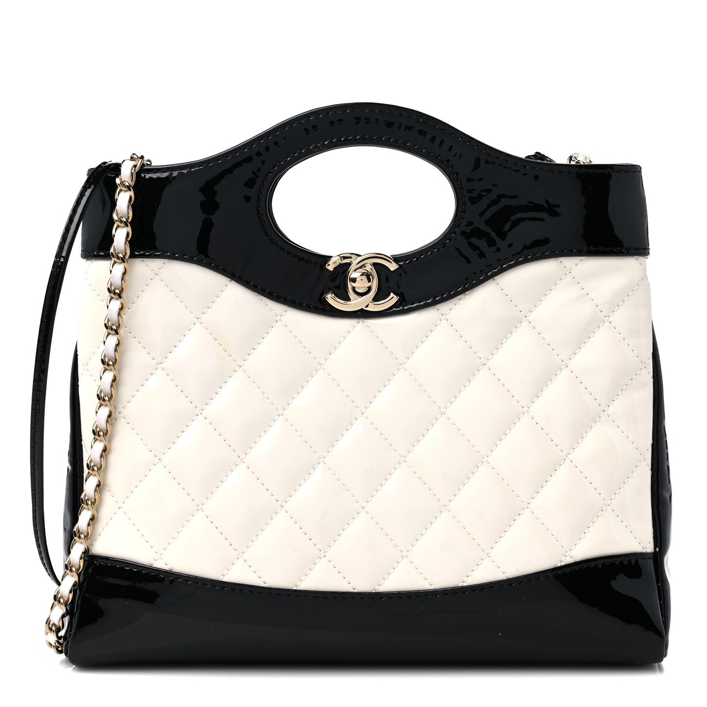Patent Calfskin Quilted Mini 31 Shopping Bag White Black
