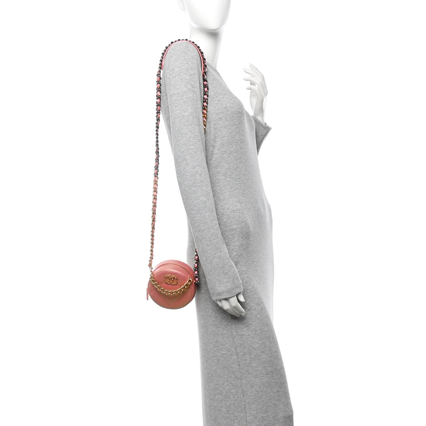 Iridescent Calfskin Quilted Chanel 19 Round Clutch With Chain Pink