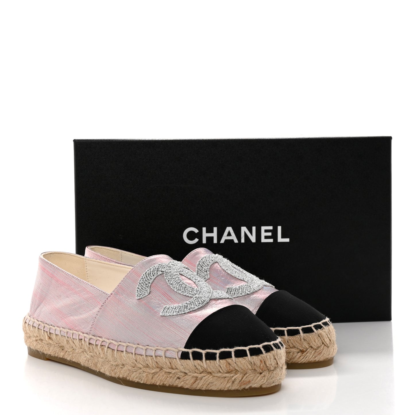 Laminated Lambskin Grosgrain Embroidered CC Espadrilles 36 Pink Silver Black