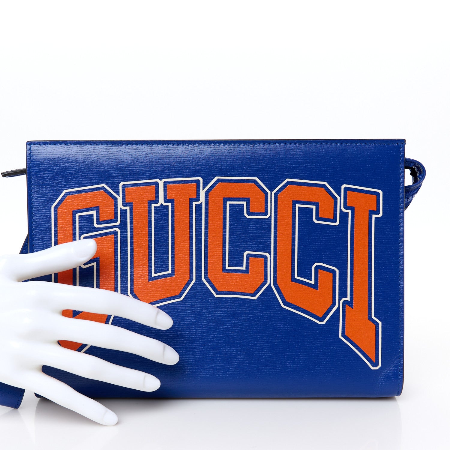 Gucci New Shanghai Calfskin Interlocking G Logo Wristlet Pouch Cobalt Blue Orange 2 of 10