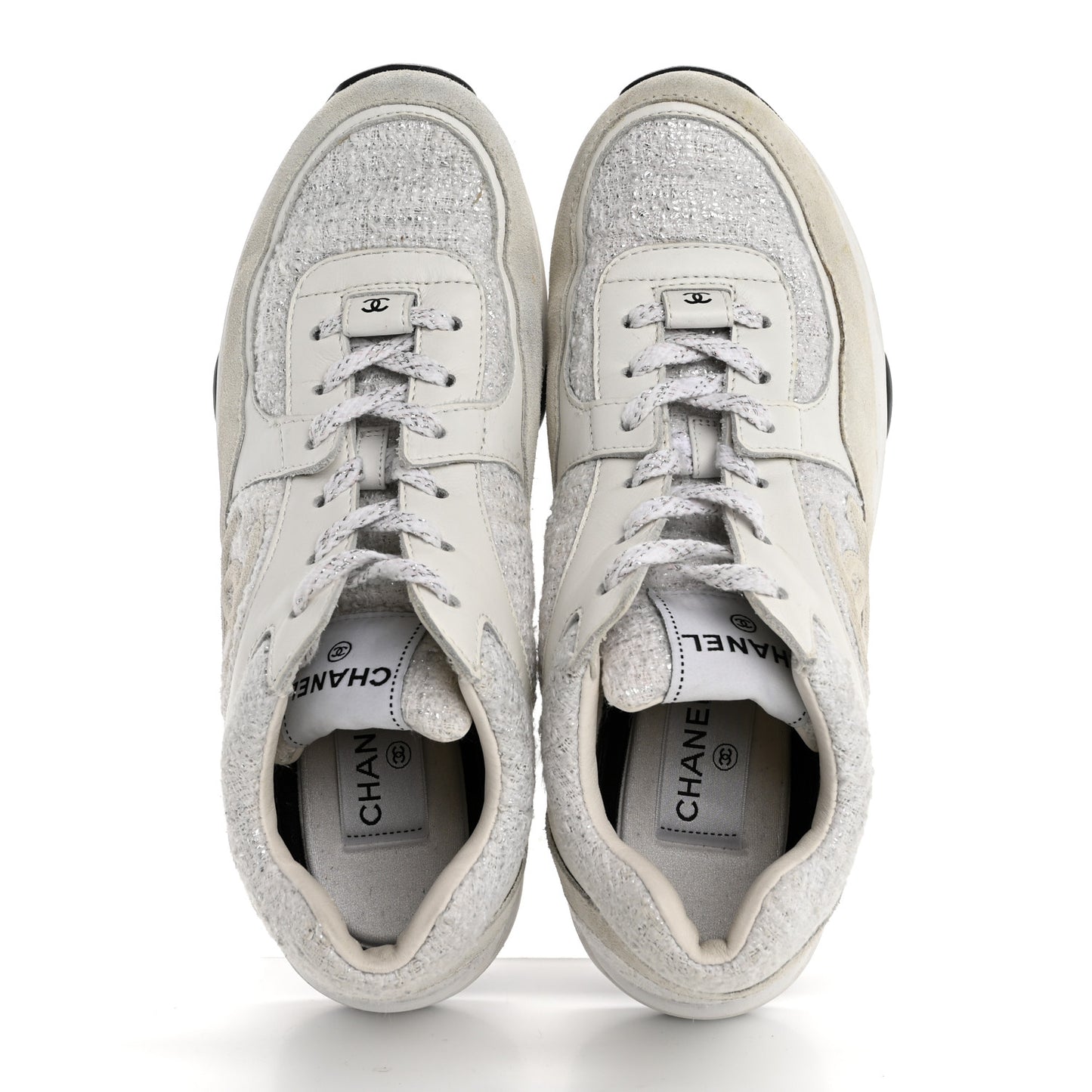 Painted Iridescent Cotton Tweed Suede Calfskin Womens CC Sneakers 39.5 White Silver Multicolor