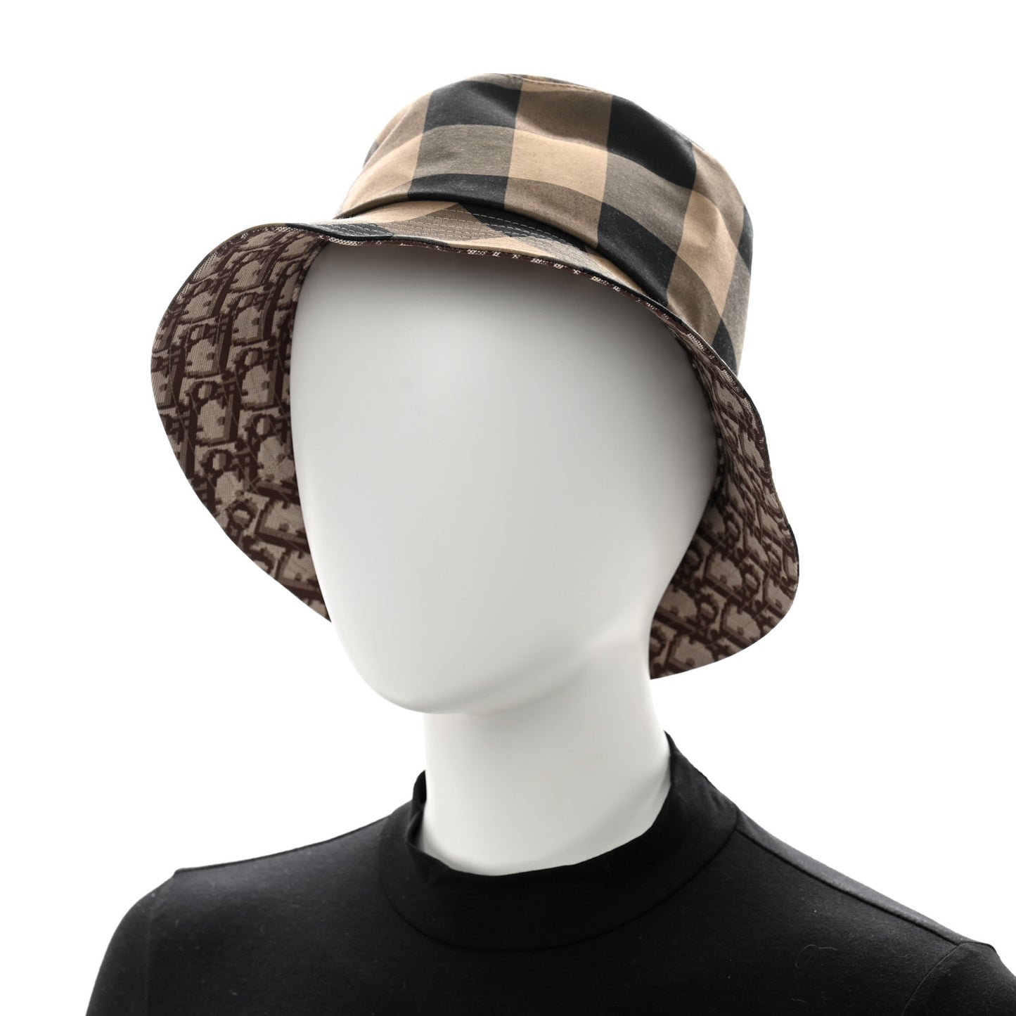 Polyester Cotton Gingham Oblique Reversible Bucket Hat 57 Beige