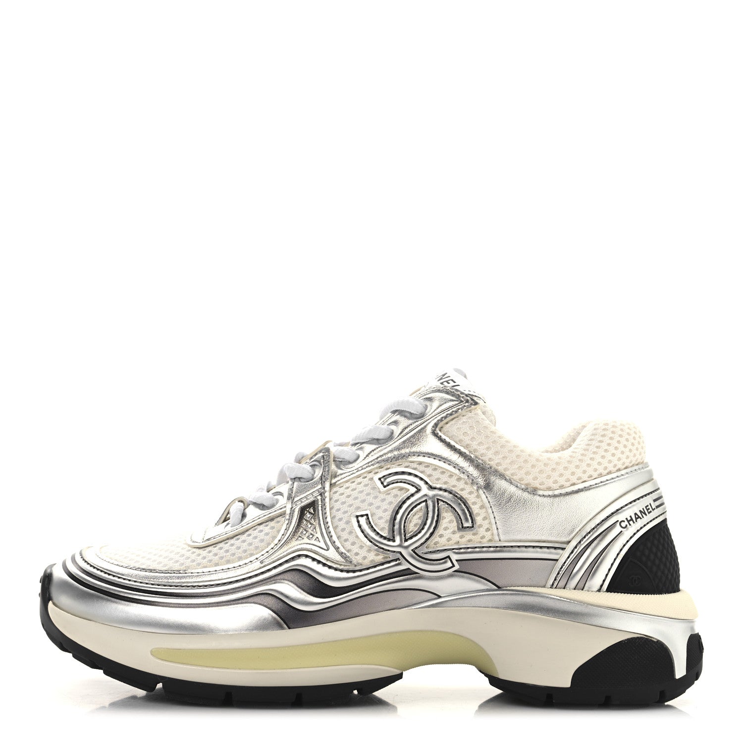 Chanel Fabric Laminated Calfskin Stretch CC Sneakers 35 White