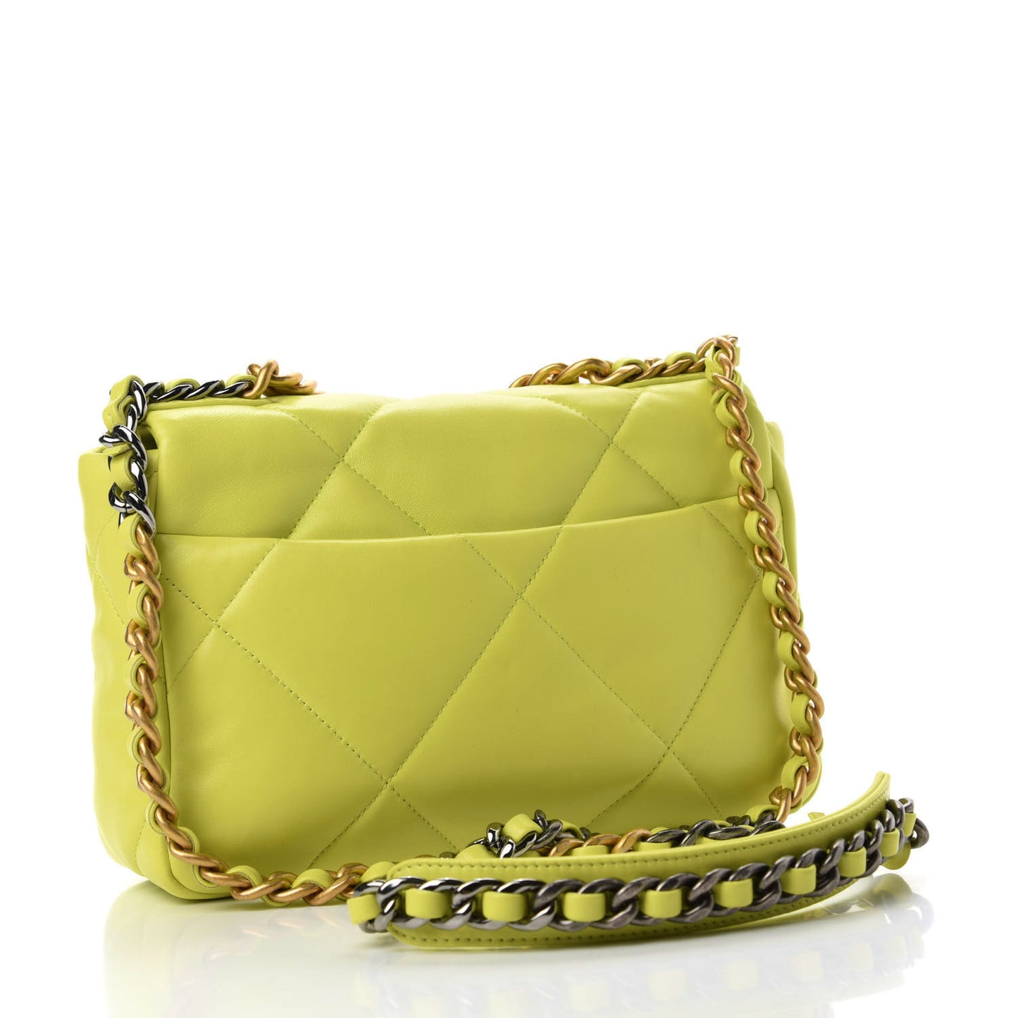 Shiny Lambskin Quilted Medium Chanel 19 Flap Neon Yellow