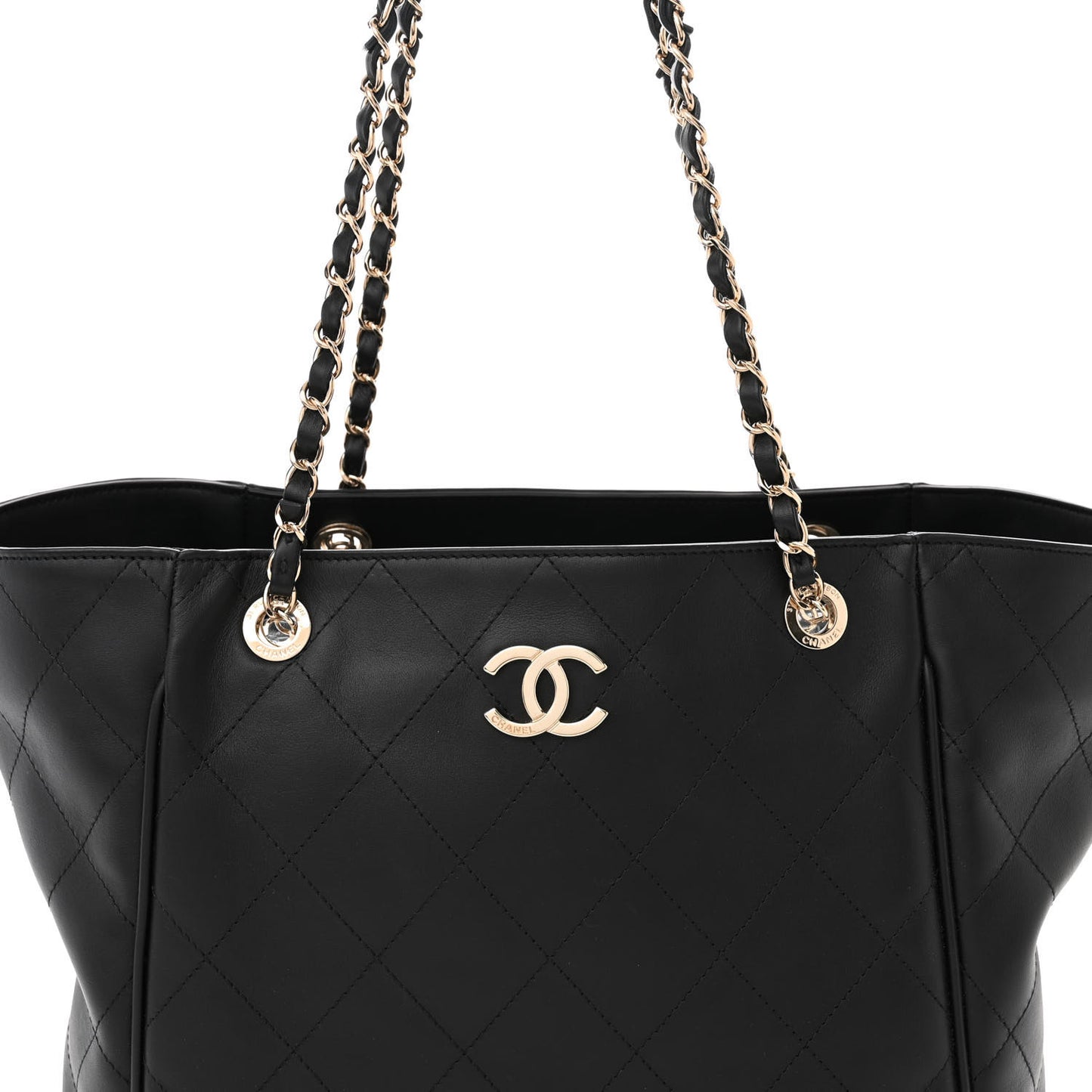 Calfskin Stitched Small Shopping Tote Black