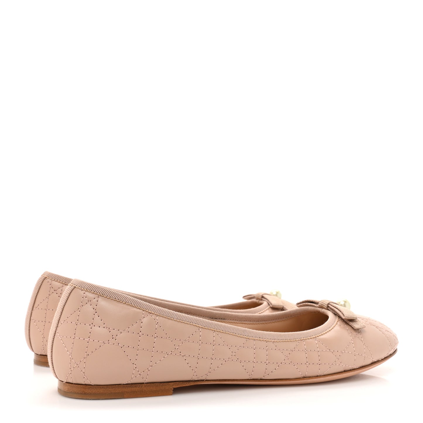 Calfskin Cannage Pearl Bow Ballet Flats 39 Nude