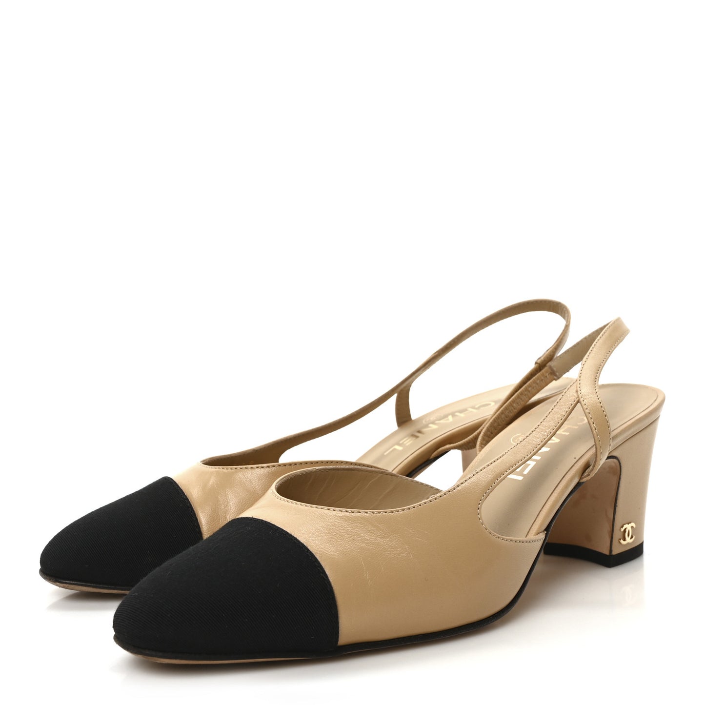 Goatskin Grosgrain Cap Toe CC Slingback Pumps 37 Beige Black