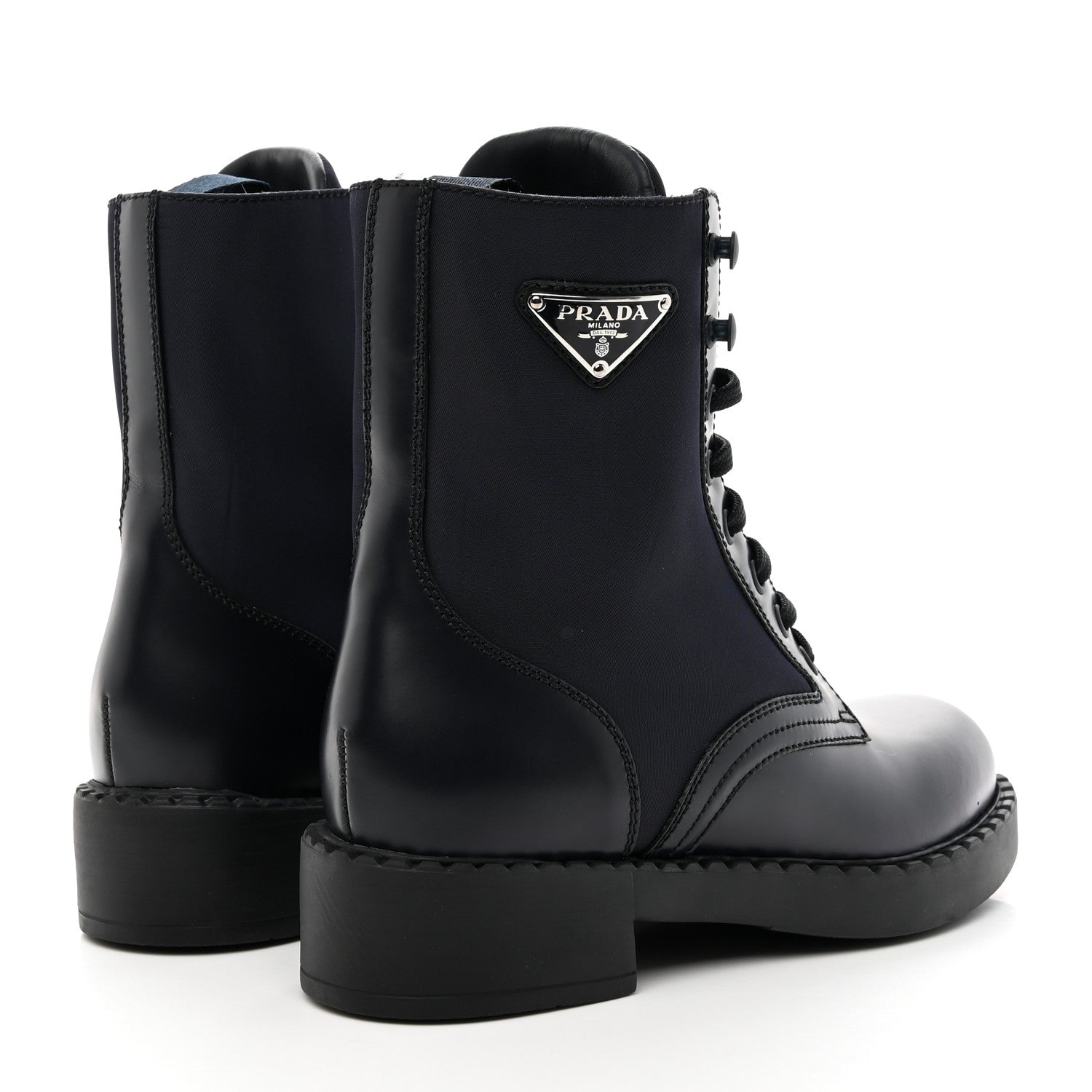 Prada Spazzolato Re-Nylon Metal Triangle Logo Womens 50mm Combat Boots 37 Blue 4 of 15