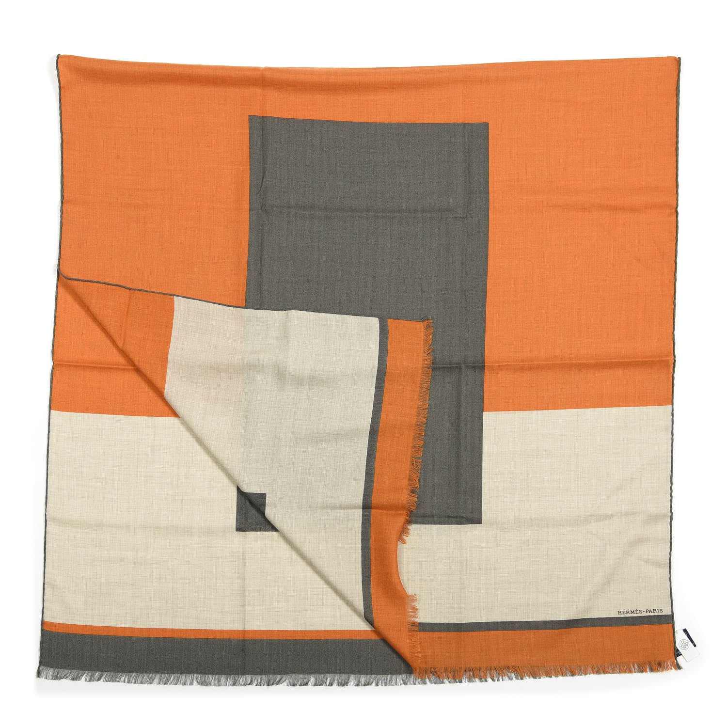 Hermes Cashmere Silk H Passant Stole 140 Orange Naturel Vert De Gris 1 of 5