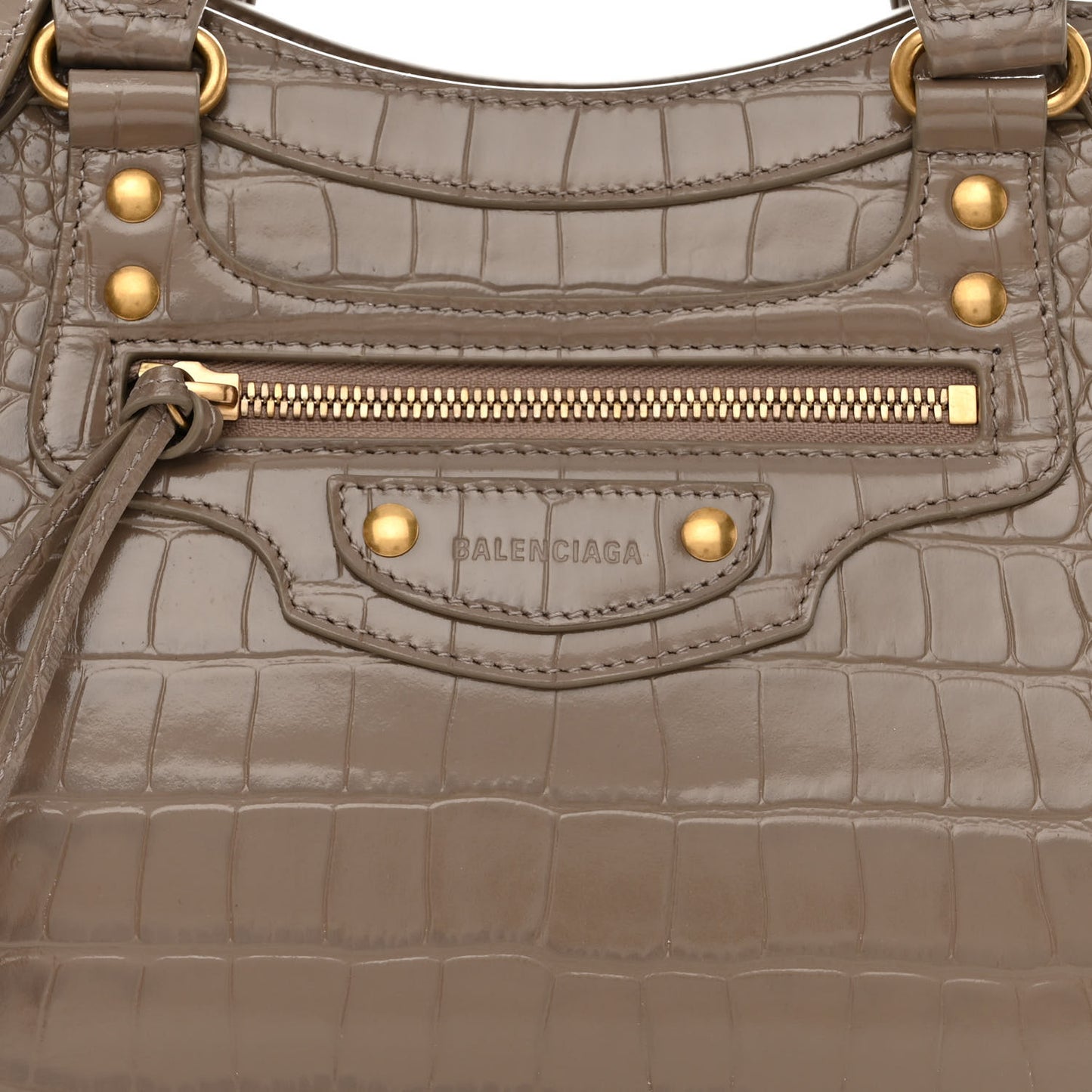 Shiny Supple Calfskin Crocodile Embossed Neo Classic Gold Hardware S City Mink Grey