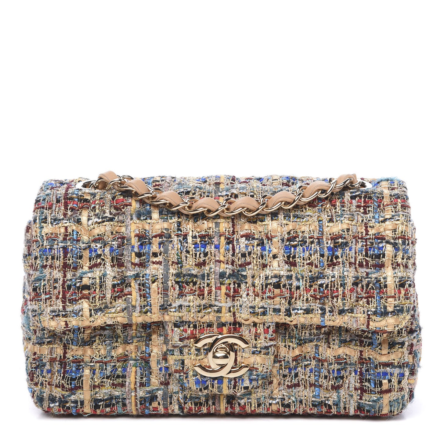Tweed Quilted Mini Rectangular Flap Gold Blue