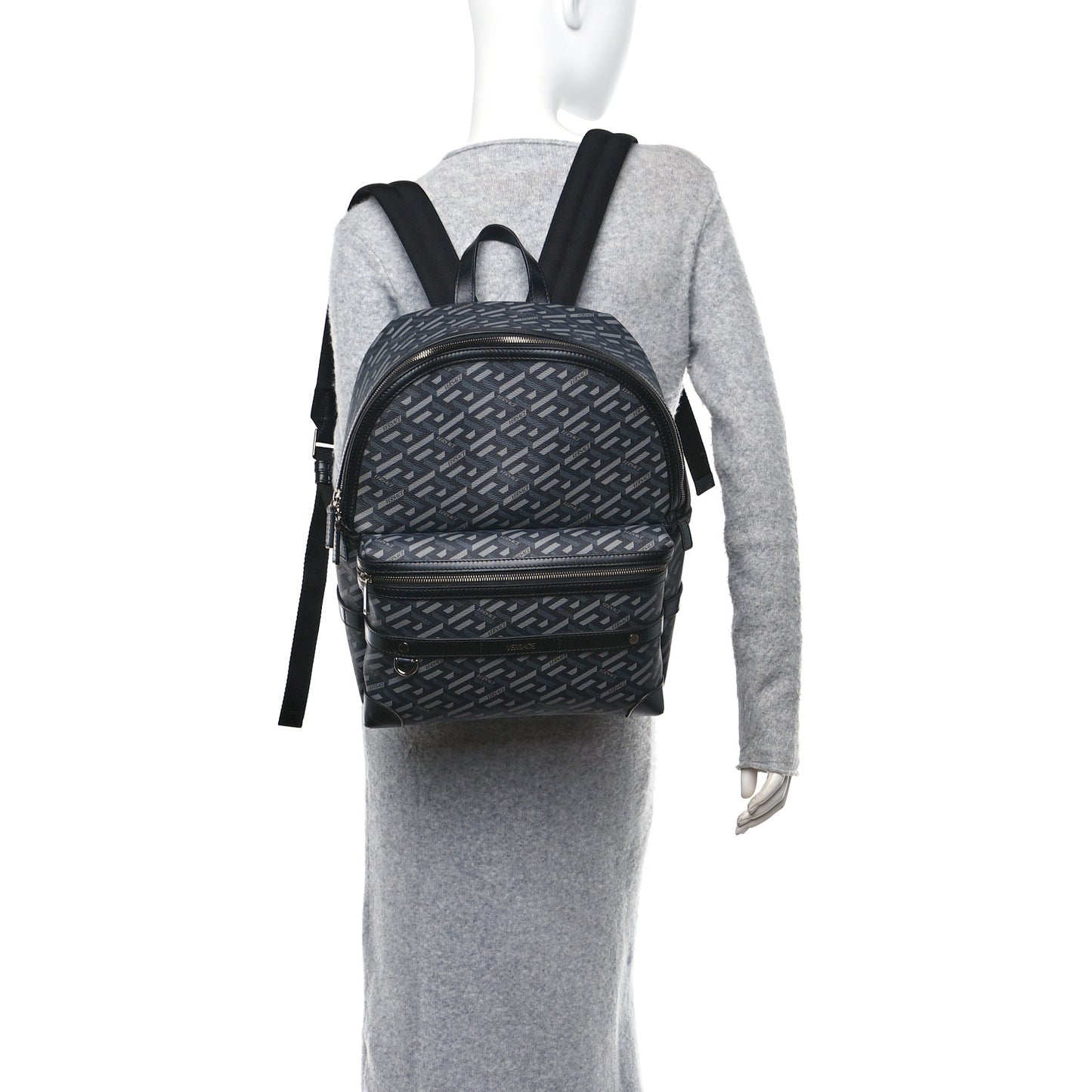 Coated Canvas Calfskin La Greca Signature Backpack Black Grey