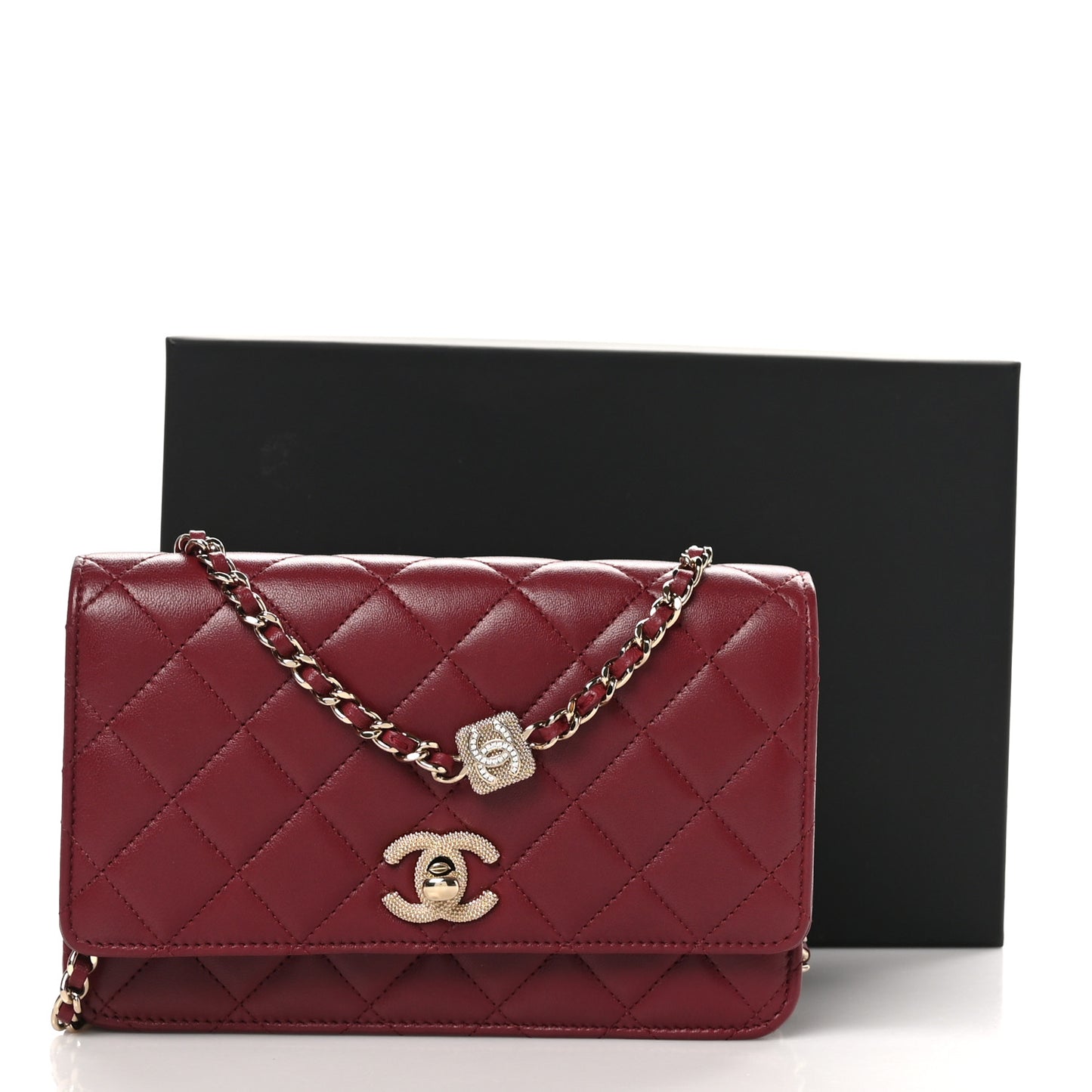Lambskin Quilted Strass Studded CC Wallet on Chain WOC Burgundy