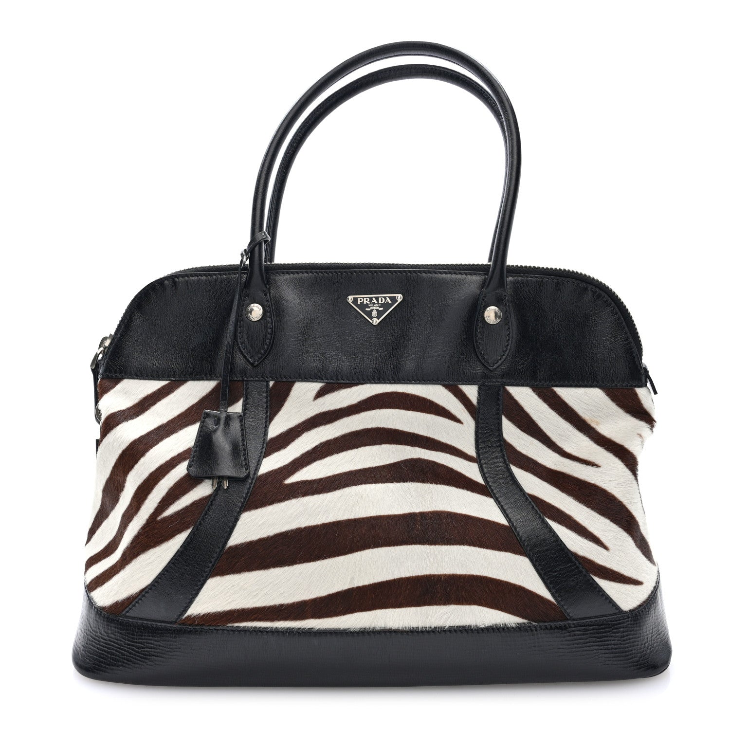 Prada Calf Hair Zebra Print Top Handle Tote Black White Moro