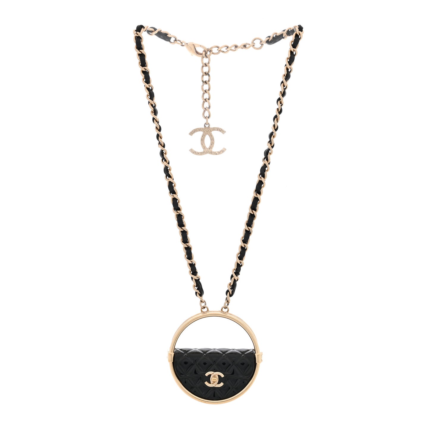 Metal Resin Quilted Flap Bag Hoop Mirror Necklace Black Gold