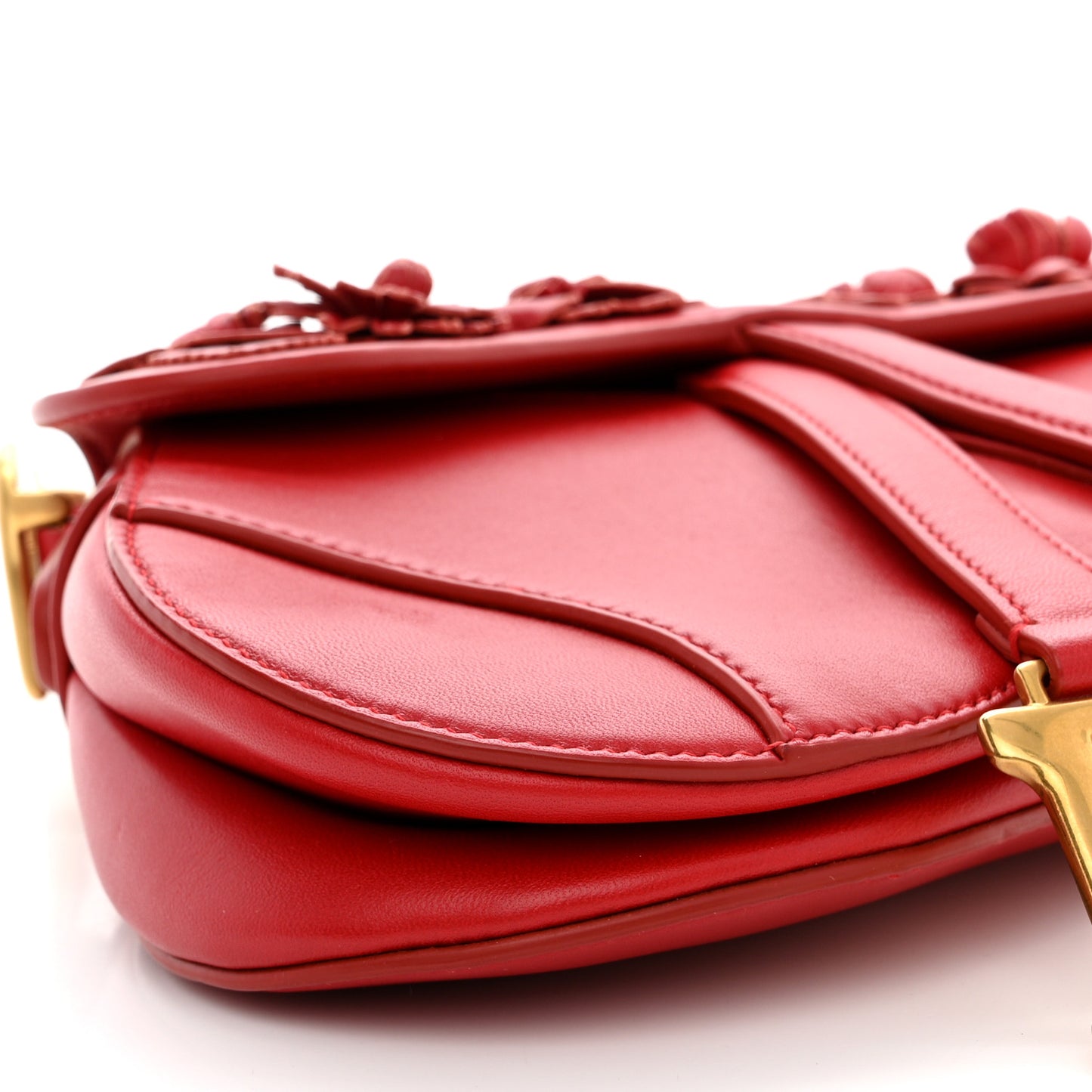 CHRISTIAN DIOR Lambskin Mini 3D Floral Saddle Bag Red
