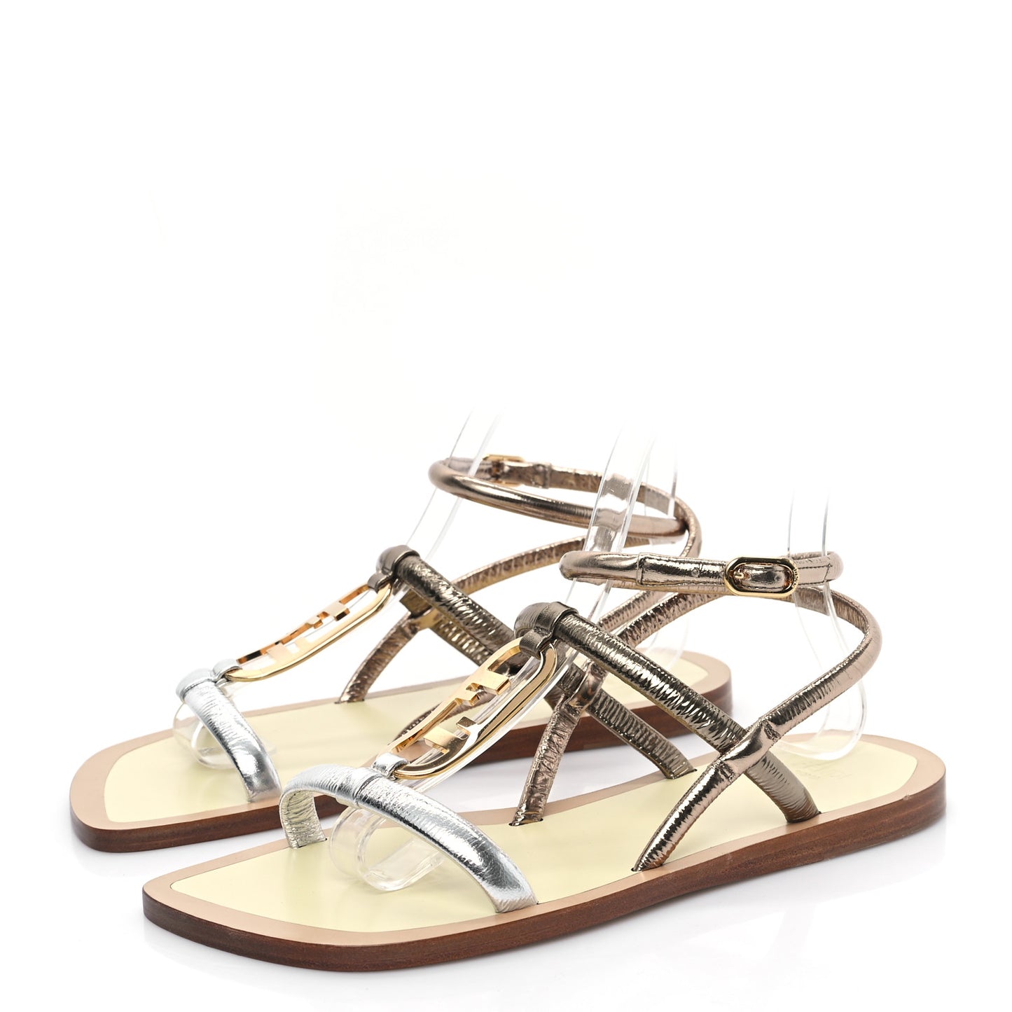 Metallic Nappa Fendi O'Lock Gladiator Flat Sandals 36 Argento Stagno Champagne