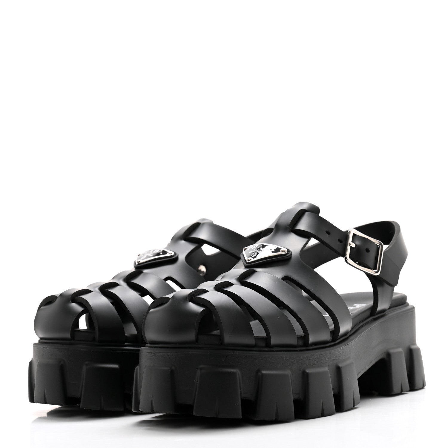Prada Foam Rubber Triangle Logo Monolith 55mm Cage Sandals 39 Black 3 of 9