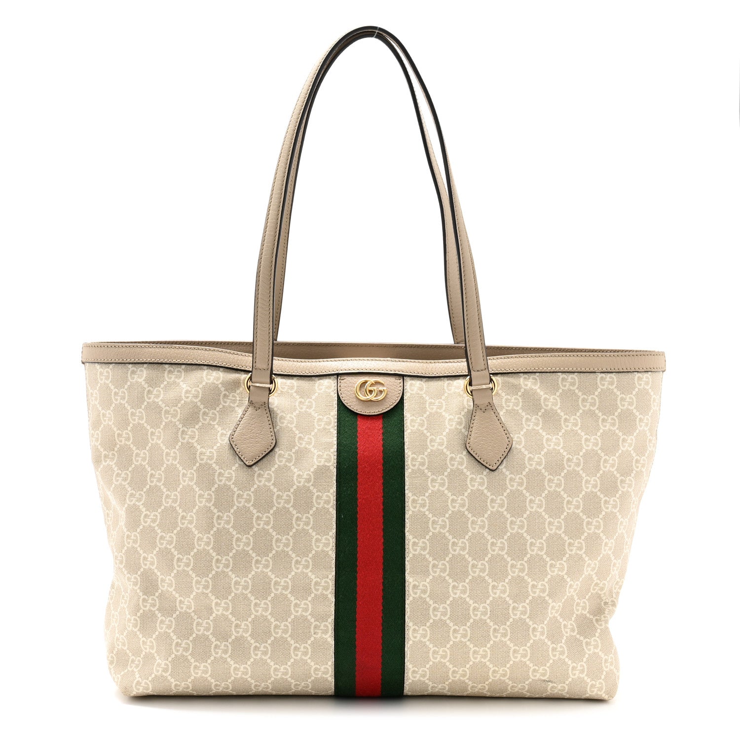 Gucci GG Supreme Monogram Textured Dollar Calfskin Web Medium Ophidia Shopping Tote Beige Mystic White Oatmeal 1 of 12