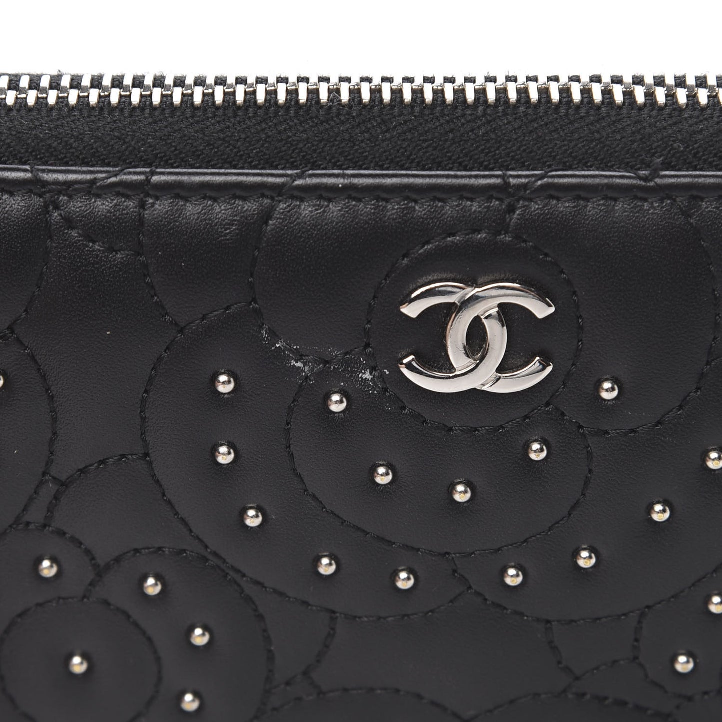 Lambskin Camellia Studded Large Gusset Zip Around Wallet Black