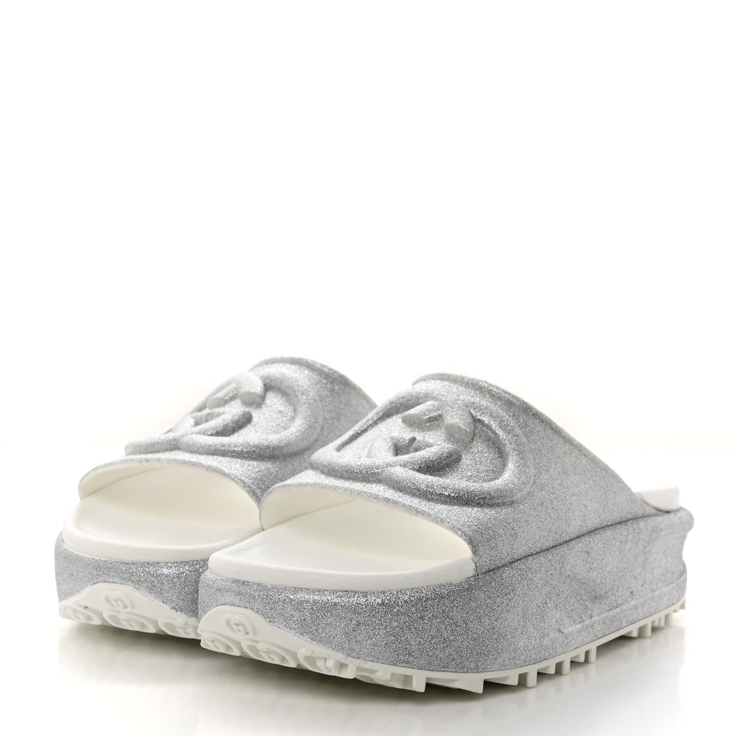 Glitter Rubber Womens Interlocking G Platform 42mm Slide Sandals 37 Silver