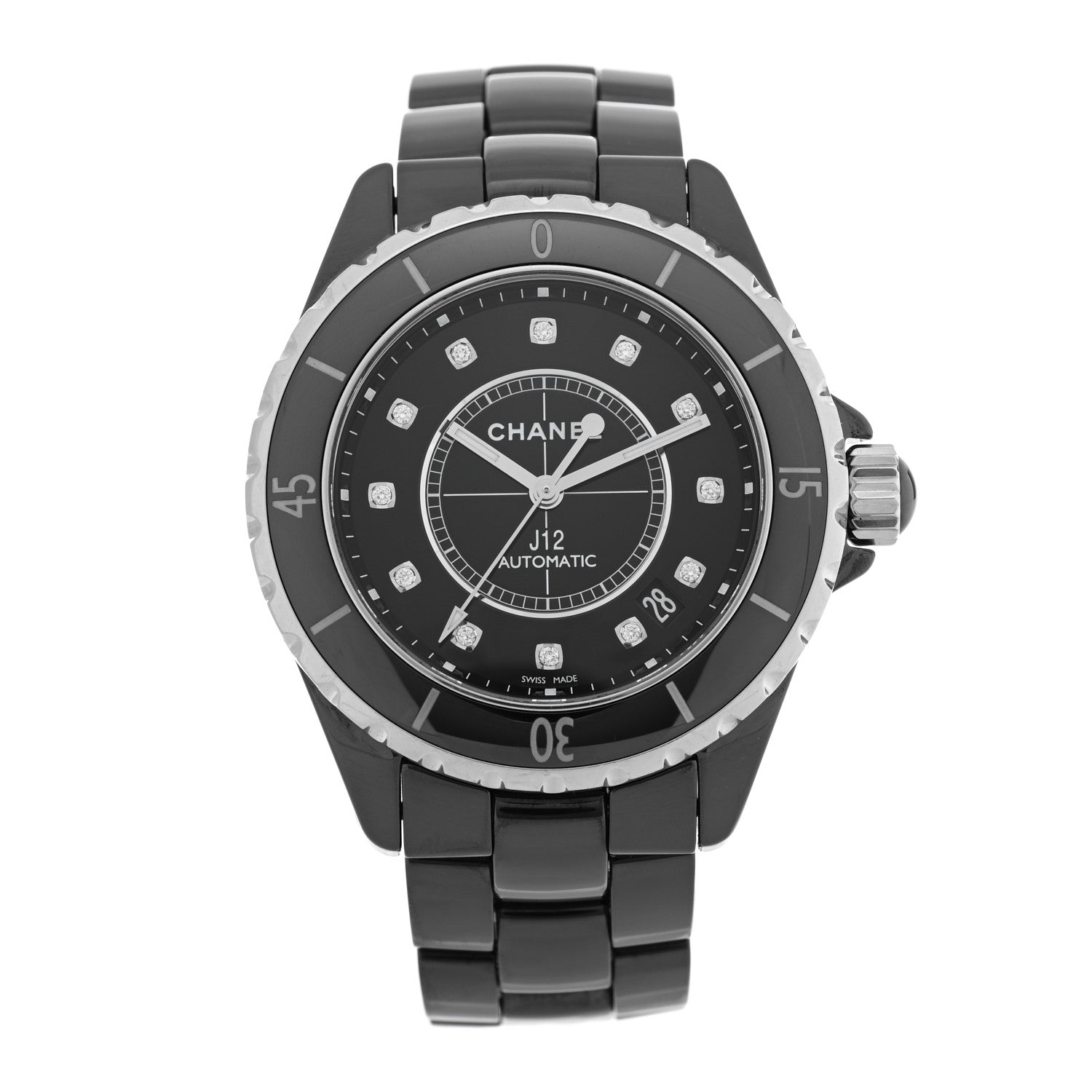 Chanel Stainless Steel Ceramic Diamond 38mm J12 Automatic Watch Black 1 of 5