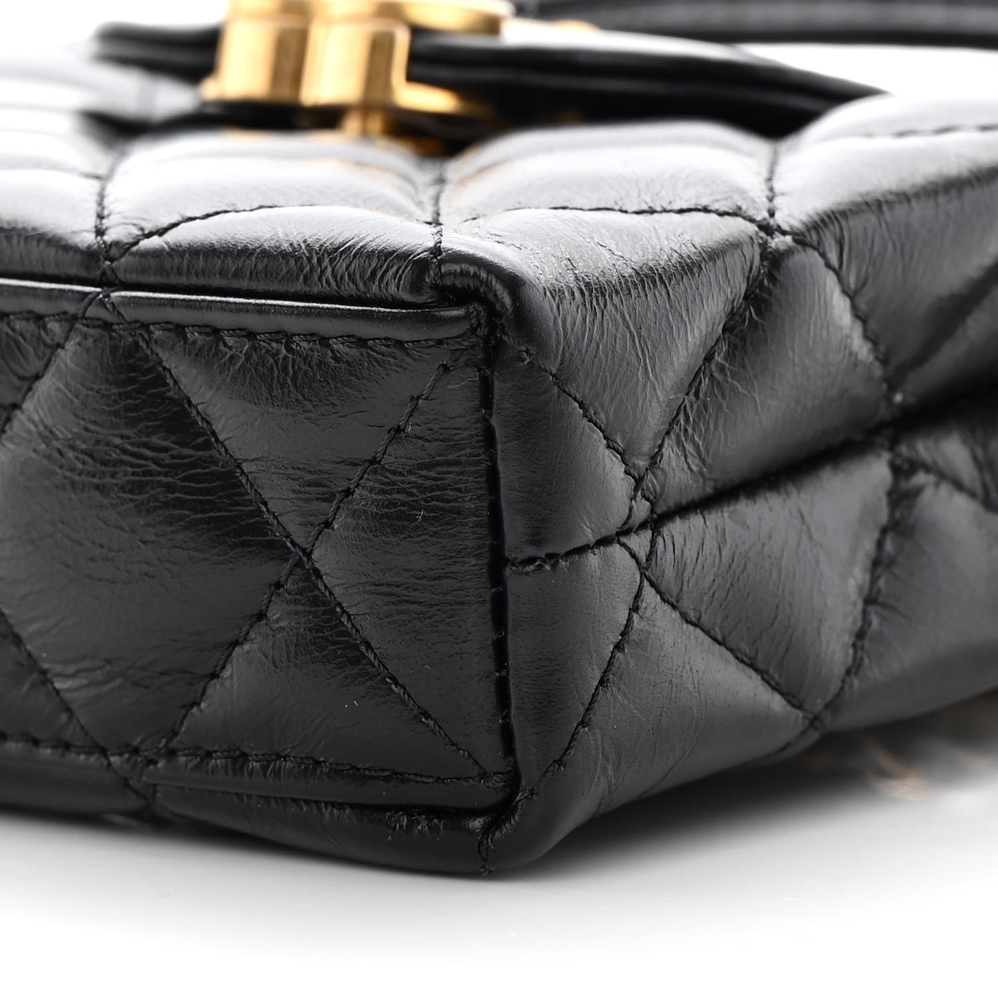 Shiny Aged Calfskin Quilted Mini Nano Kelly Shopper Black