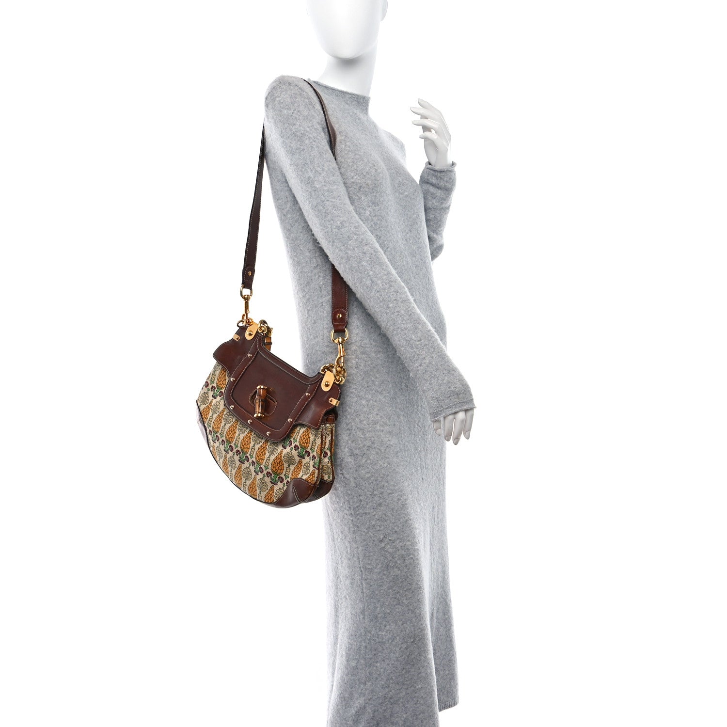 Gucci Canvas Pigna Print Peggy Bamboo Top Handle Bag Brown 2 of 9
