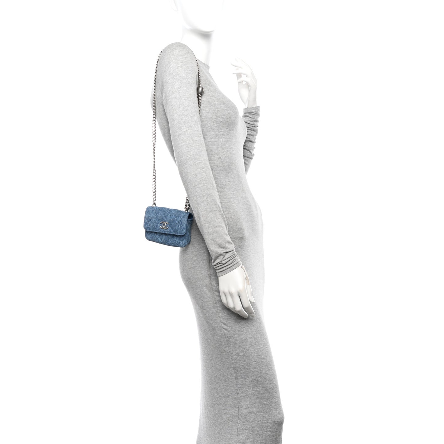 Denim Quilted Camellia Sweetheart Clutch With Chain Blue