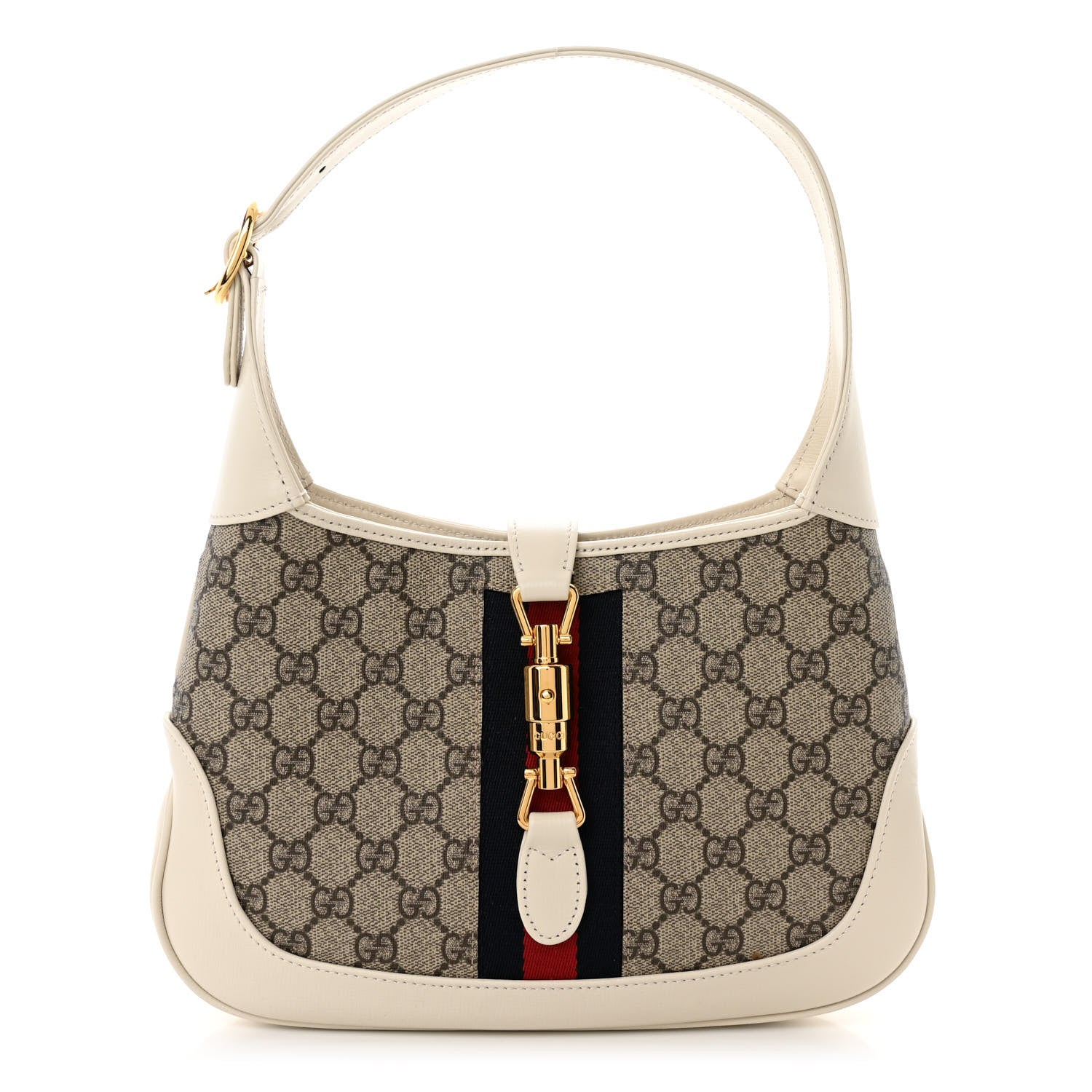 Gucci GG Supreme Monogram Textured Dollar Calfskin Web Small Jackie 1961 Hobo Beige Ebony Mystic White 1 of 10