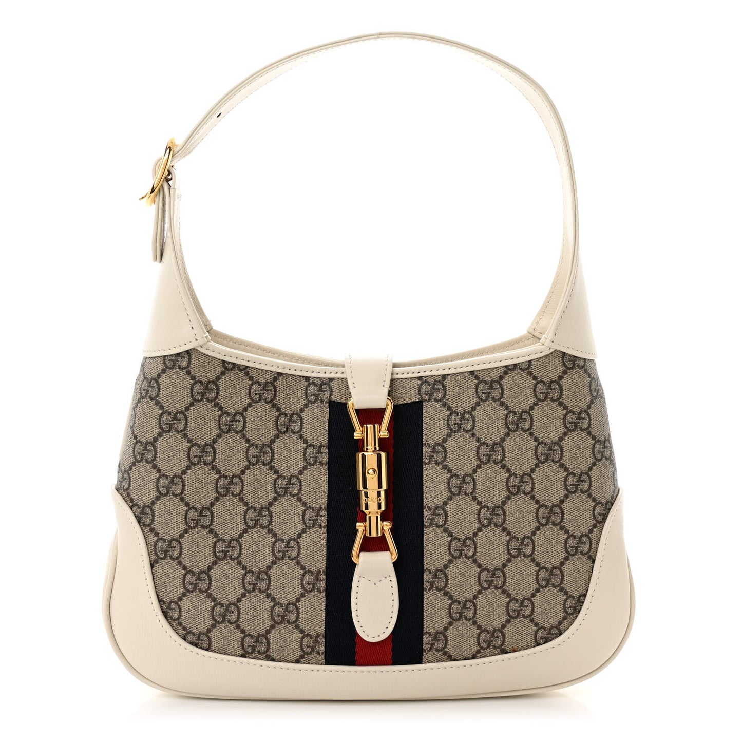 GG Supreme Monogram Textured Dollar Calfskin Web Small Jackie 1961 Hobo Beige Ebony Mystic White