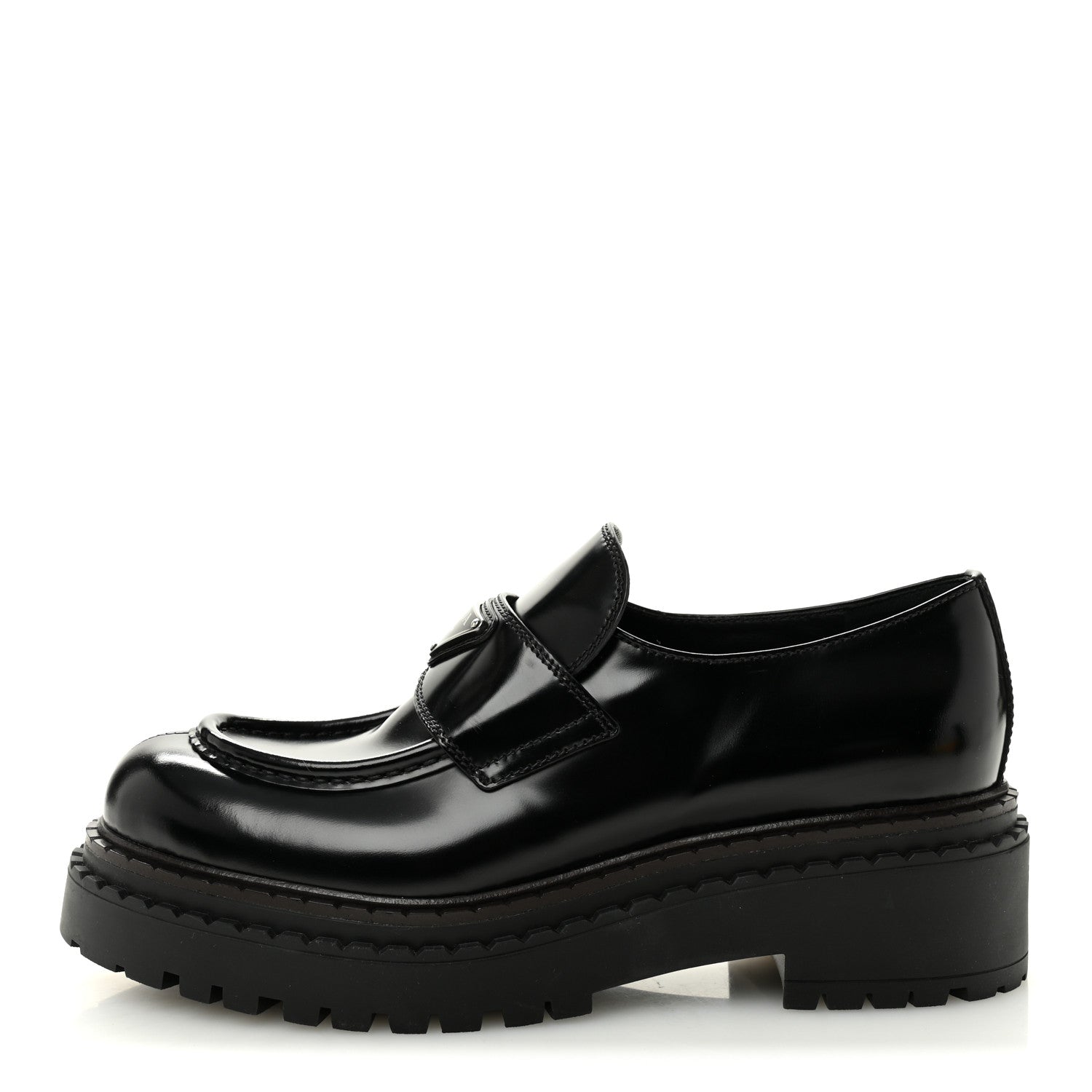 Prada Spazzolato Metal Triangle Logo 50mm Loafers 39 Black 1812413