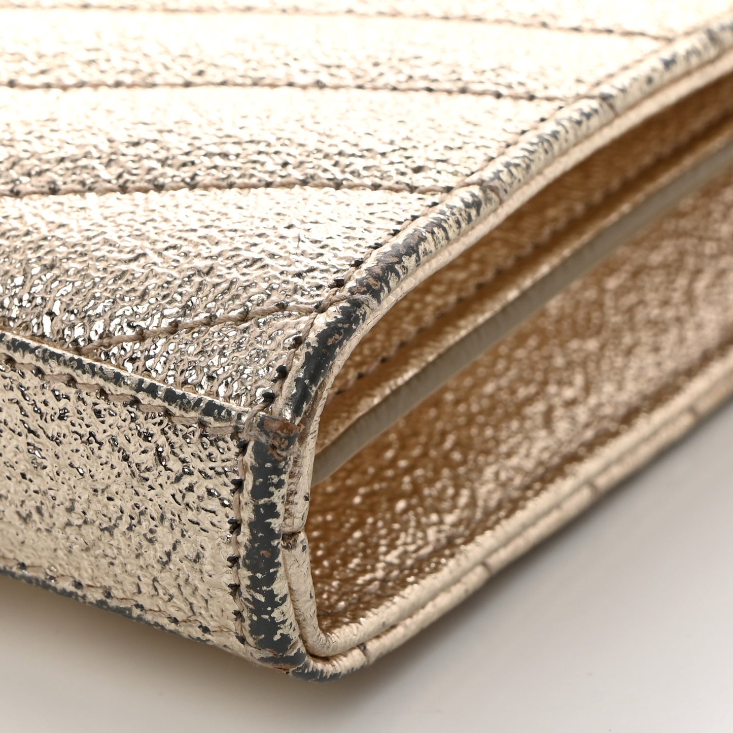 Metallic Crackled Calfskin Matelasse Chevron Monogram Chain Wallet Gold