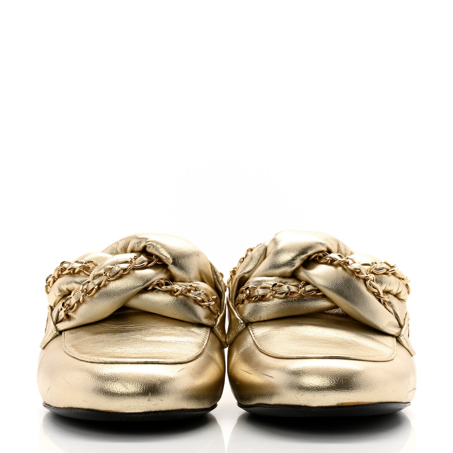 Metallic Lambskin Chain Braided Mules 37.5 Light Gold