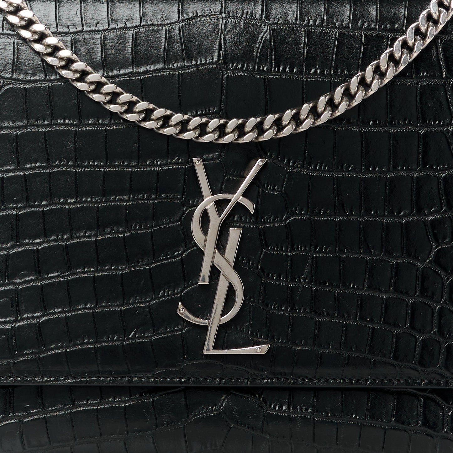 Calfskin Crocodile Embossed Large Classic Monogram Kate Satchel Black
