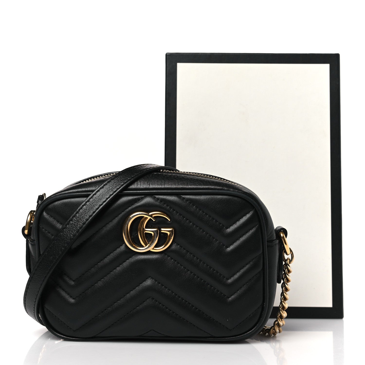 Gucci Calfskin Matelasse Mini GG Marmont Chain Shoulder Bag Black 3 of 10