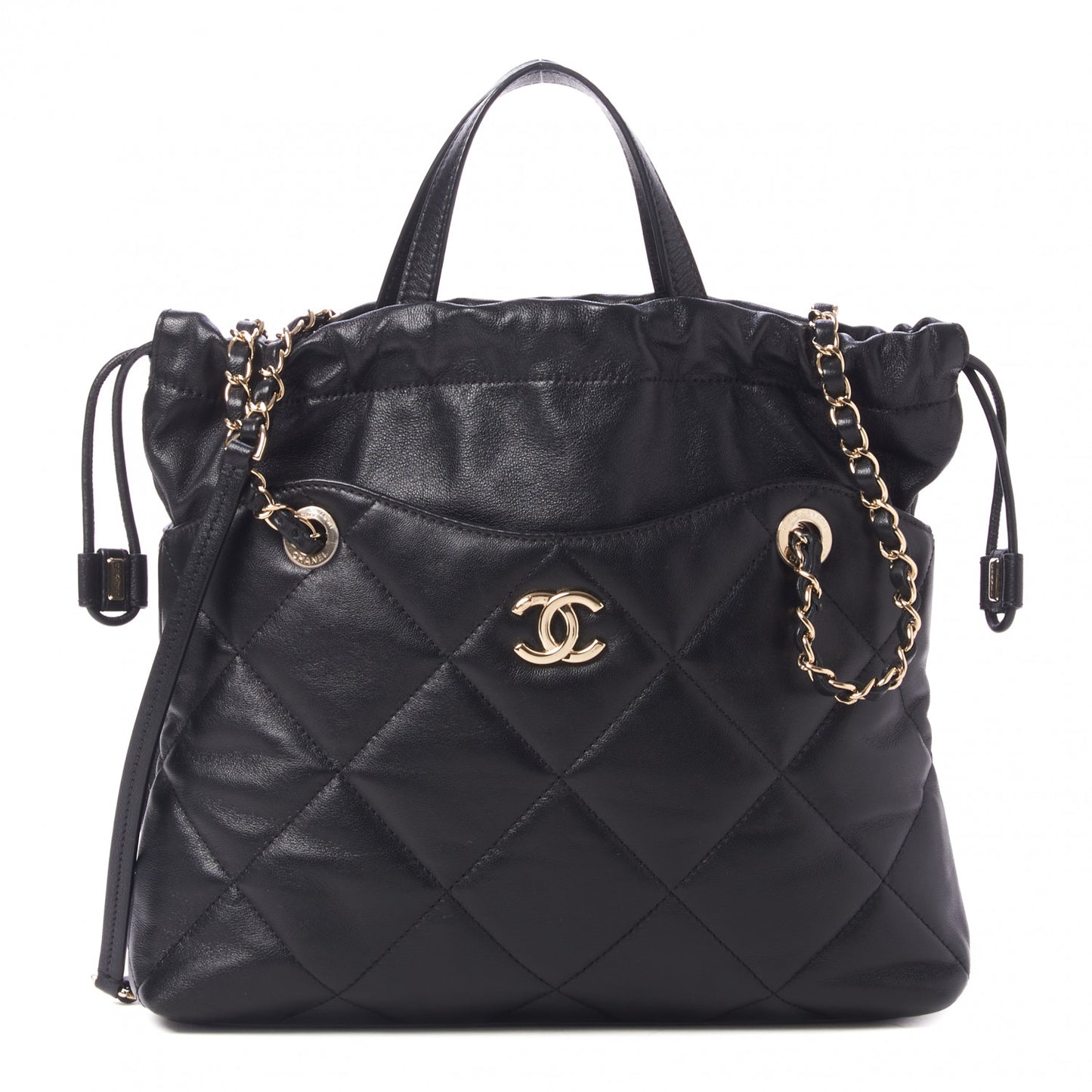 Lambskin Quilted Small Drawstring Shopping Bag Black