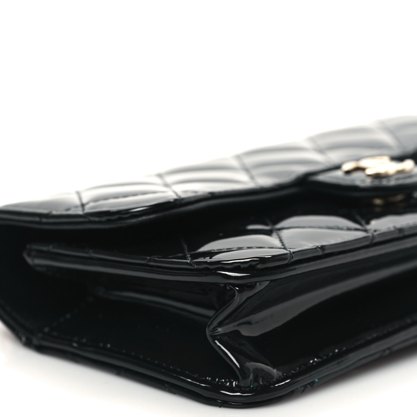 Patent Calfskin Quilted Flap Phone Holder With Chain Black
